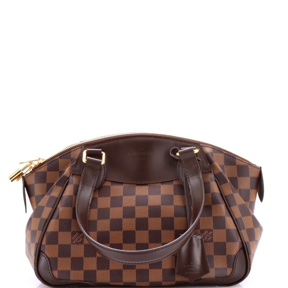 Louis Vuitton Verona Handbag Damier: Louis Vuitton Verona Handbag Damier Brown Louis Vuitton Verona Handbag Damier PM features a canvas coated exterior with a gold hardware lock and keys clochette. The interior is a vibrant red fabric, w