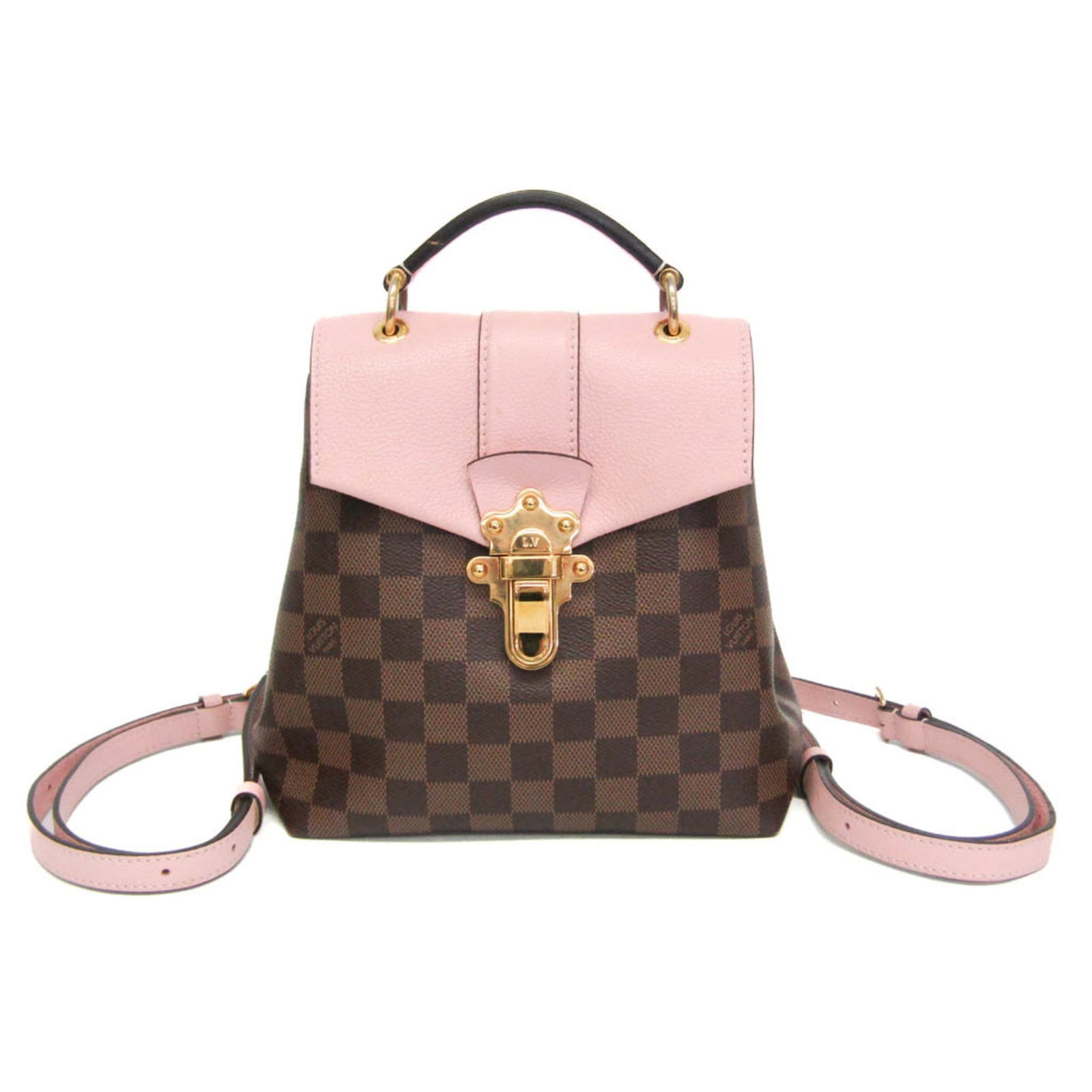 Canvas Leather Backpack Damier Louis Vuitton: Canvas Leather Backpack Damier Louis Vuitton Damier canvas and leather come together in this iconic Clapton backpack from Louis Vuitton, featuring a classic push lock closure and open pocket for