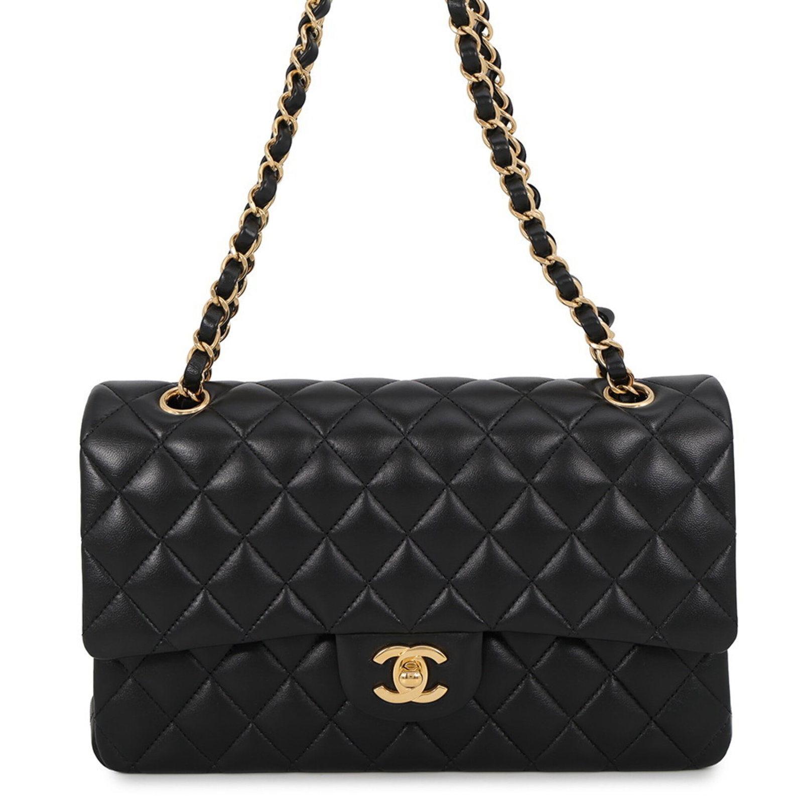 Shoulder Bag Leather Handbag Chanel: Shoulder Bag Leather Handbag Chanel Black lambskin leather shoulder bag from the iconic Chanel Matelasse line, crafted with gold hardware. This stylish and sophisticated handbag measures 15cm x