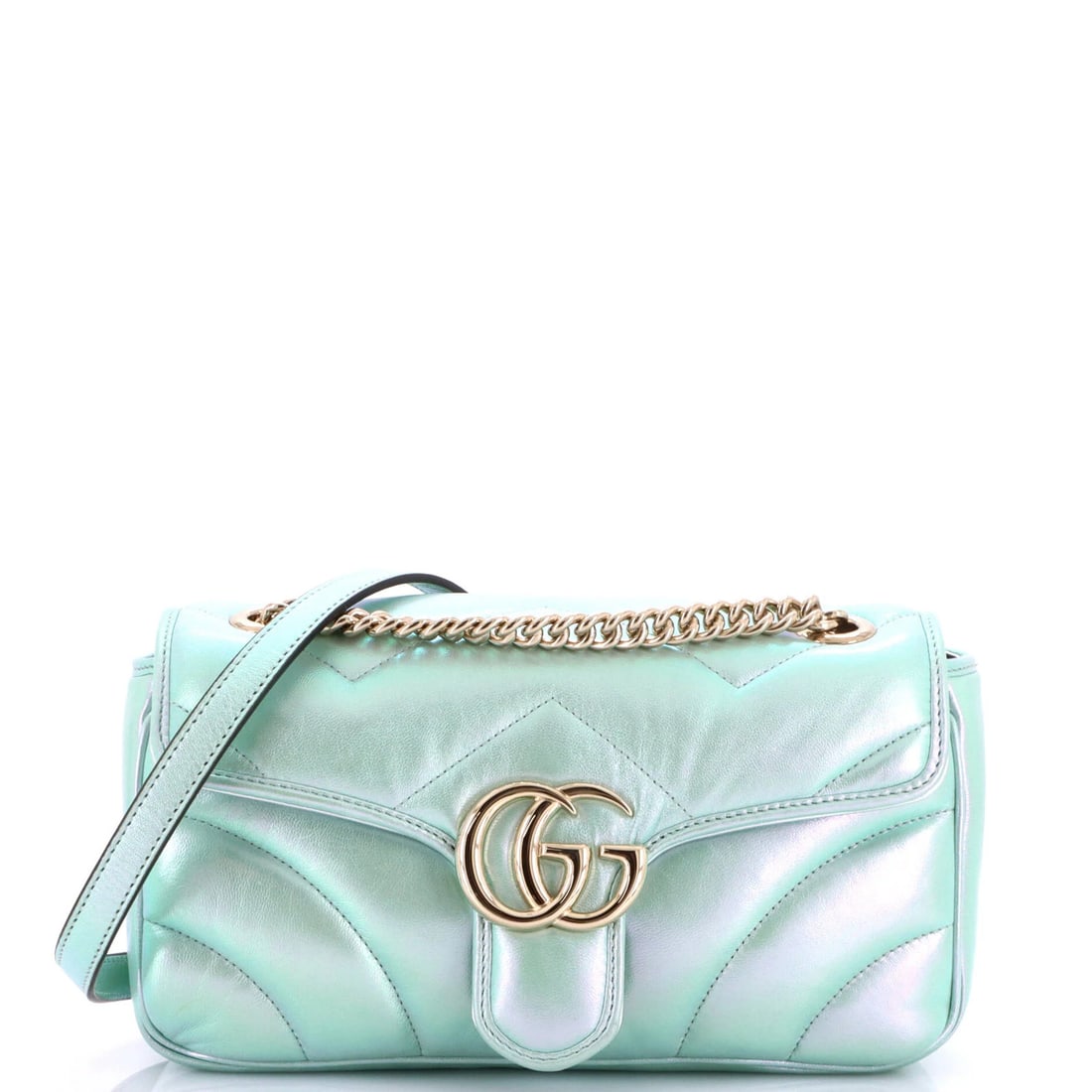 Gucci GG Marmont Flap Bag Chevron Iridescent Small Leather: Gucci GG Marmont Flap Bag Chevron Iridescent Small Leather The Gucci GG Marmont Flap Bag Chevron Iridescent Small Leather is a stunning, small leather shoulder bag with a unique chevron Iridescent fin