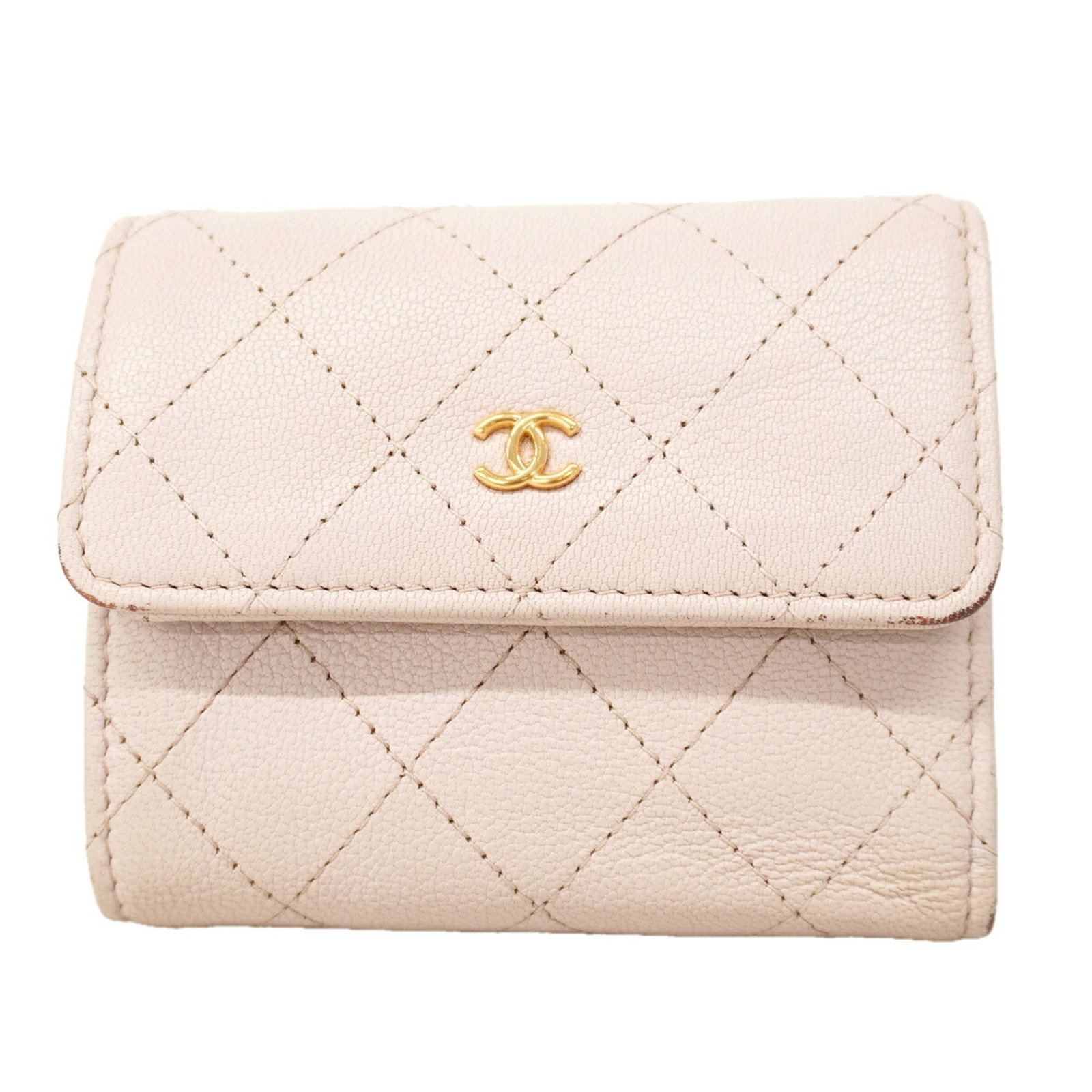 Chanel Wallet (Tri-Fold) Leather: Chanel Wallet (Tri-Fold) Leather Pink Chanel tri-fold leather wallet with precise measurements of 9.5cm x 10.5cm x 3cm. This wallet features high-quality leather construction and a classic tri-fold