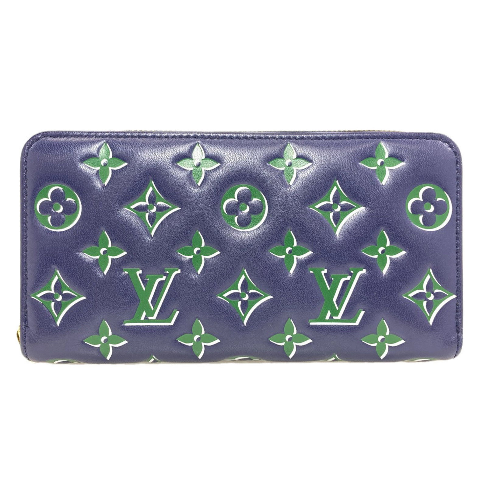 Leather Wallet Bi Fold Louis Vuitton: Leather Wallet Bi Fold Louis Vuitton Long bi-fold wallet made from genuine Louis Vuitton calfskin leather, available in blue and green colors. Measuring 10cm x 19.5cm x 2.5cm, this stylish accessory