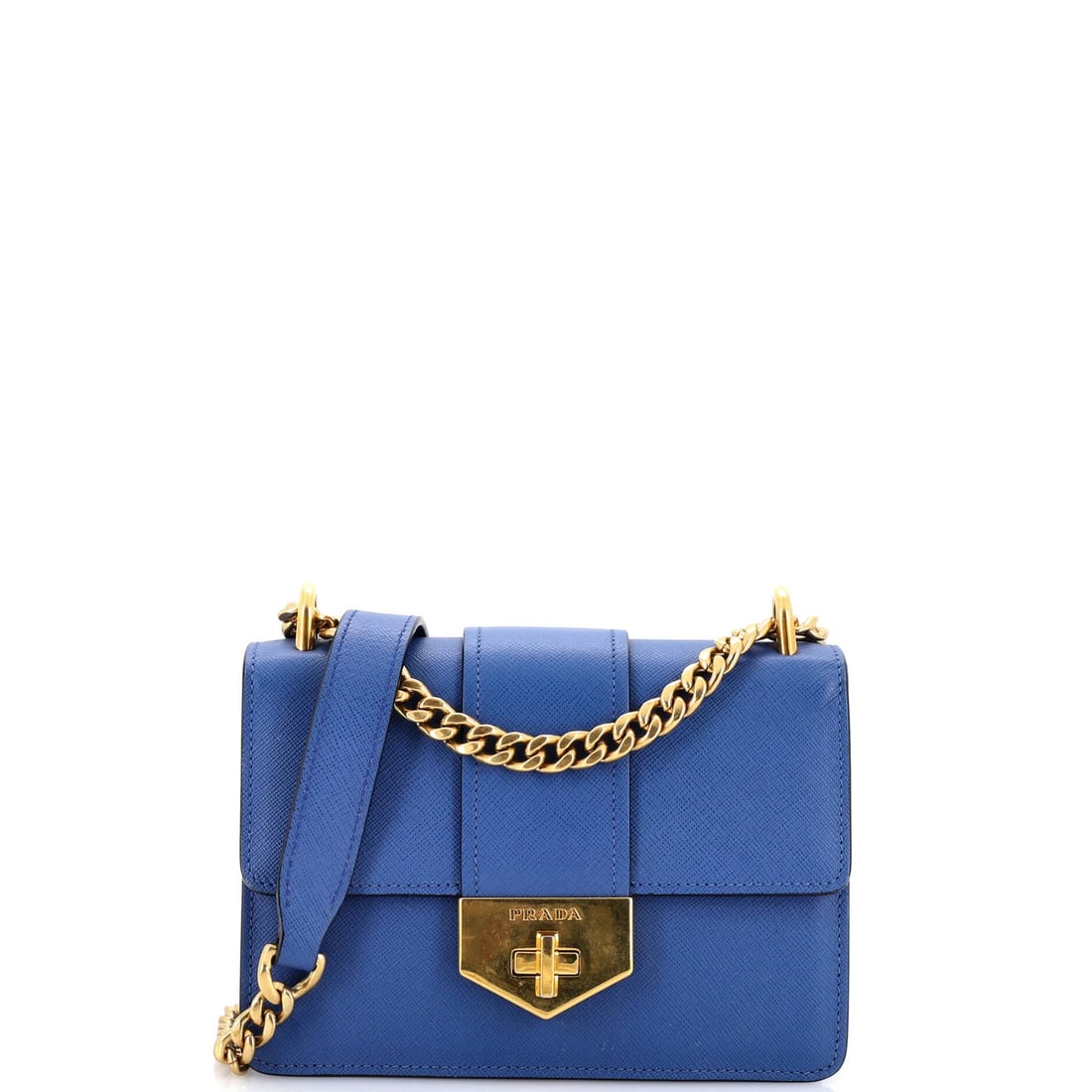 Small Saffiano Leather Chain Flap Shoulder Bag Prada: Small Saffiano Leather Chain Flap Shoulder Bag Prada Saffiano leather chain flap shoulder bag in a beautiful blue hue. This Small Envelope Flap Chain shoulder bag boasts a classic Prada design,
