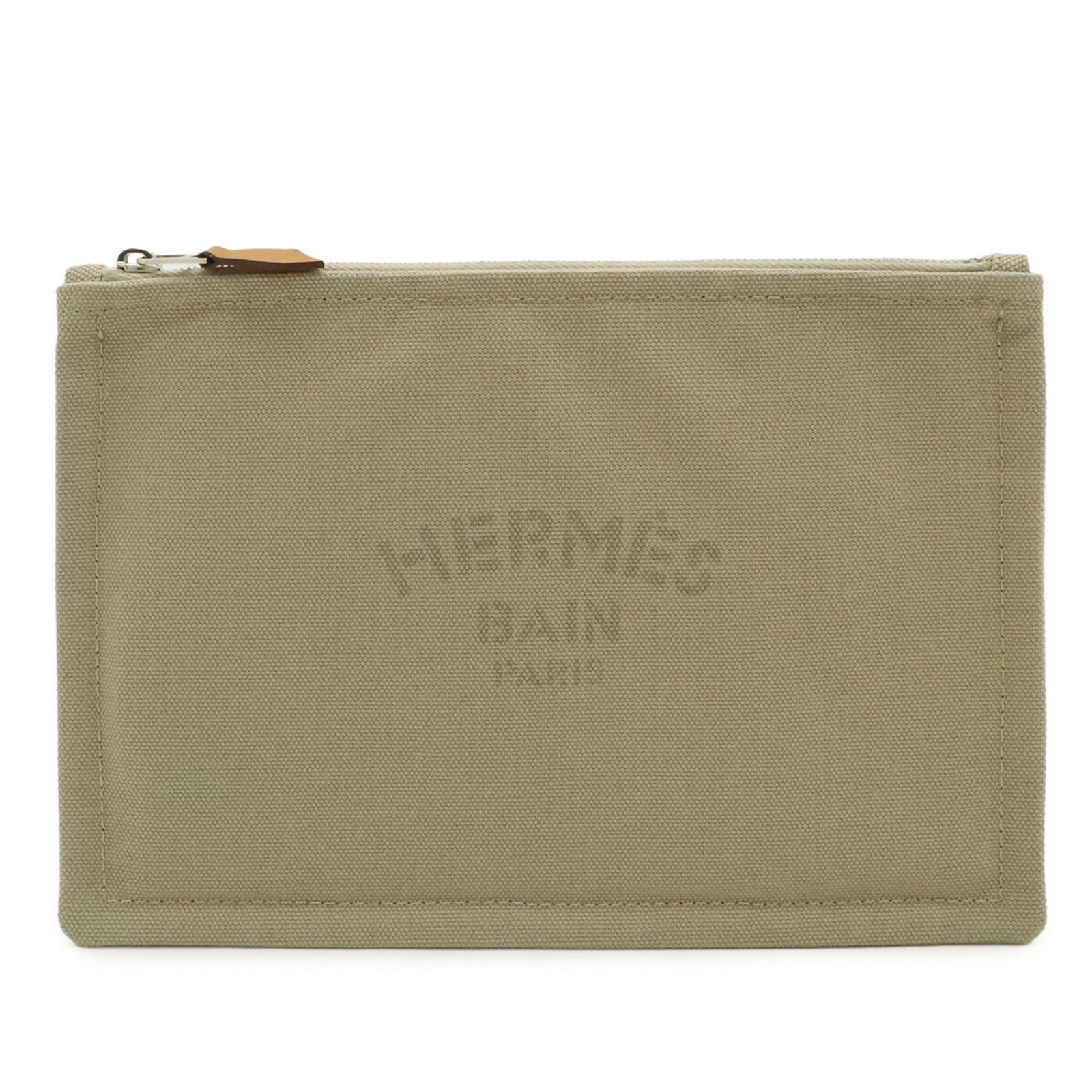 Canvas leather Hermes pouch: Canvas leather Hermes pouch Canvas leather Hermes pouch in beige and sand tones, featuring a classic design with a canvas and leather construction, measuring 15.5cm x 22.5cm. The pouch bears a signatu