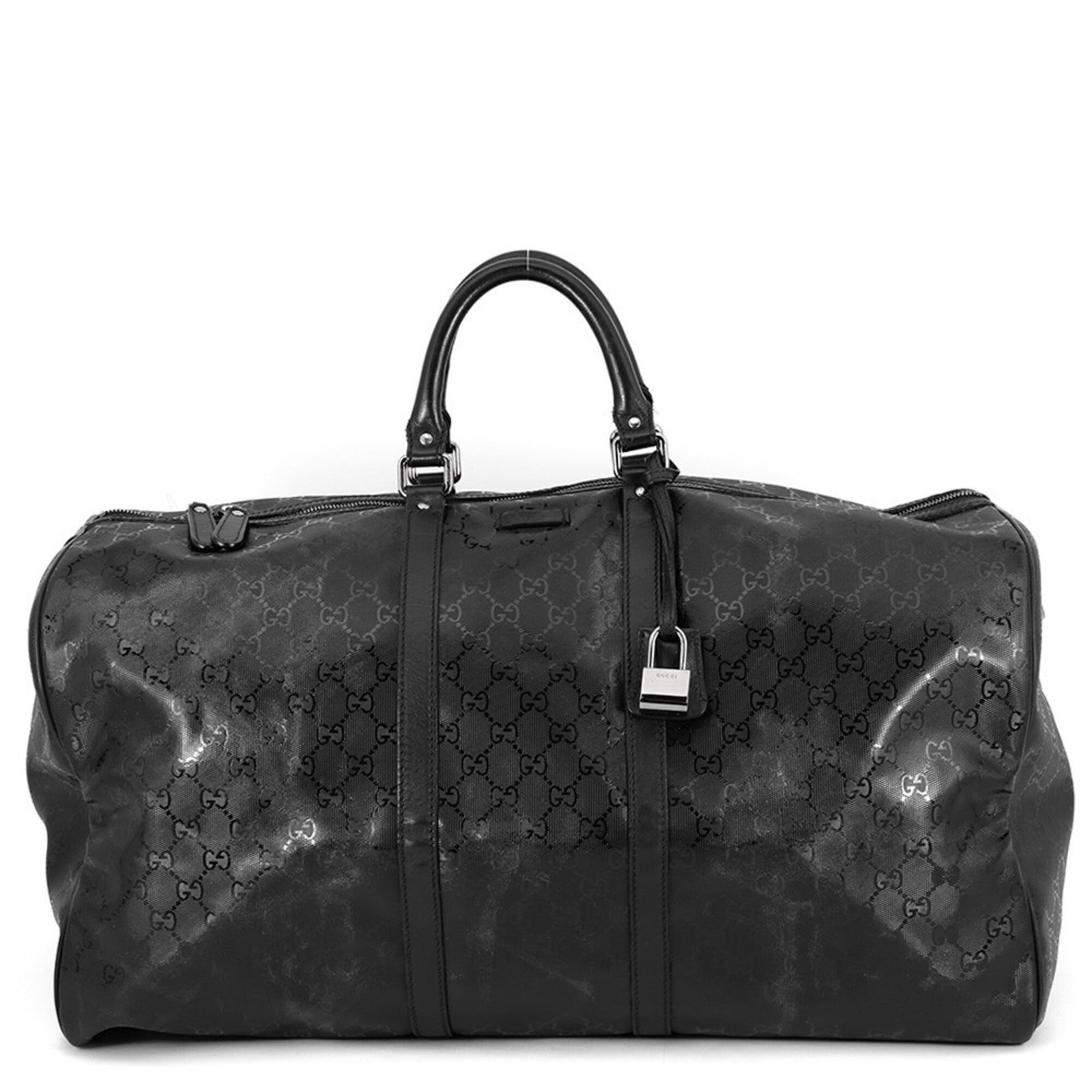 Boston Leather Bag Gg Gucci: Boston Leather Bag Gg Gucci Boston Leather Bag in GG Imprim, a stylish and sophisticated design from Gucci, features a sleek black leather exterior and silver hardware. The bag's signature GG Imprim