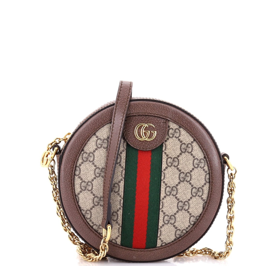 Round shoulder bag coated canvas mini GG Gucci: Round shoulder bag coated canvas mini GG Gucci Brown canvas coated mini cross body bag with gold hardware, measuring 7" height, 7" width, and 2" depth, featuring a round shoulder design and minor