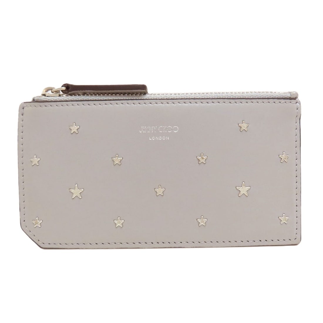 Studs Card Case Star Leather Motif Jimmy Choo: Studs Card Case Star Leather Motif Jimmy Choo Studs Card Case in Star Leather Motif from Jimmy Choo features a sleek gray design. The card case is made from high-quality leather and boasts a