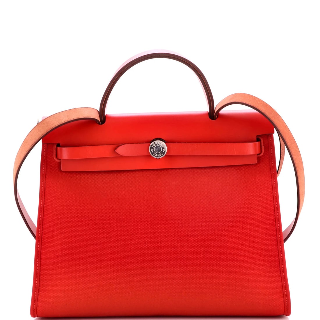 Herbag Hermes Leather Toile 31 Zip: Herbag Hermes Leather Toile 31 Zip Red Herm?s Leather Toile 31 Zip Shoulder Bag with Pochette, featuring a classic canvas interior and palladium hardware, measures 10" tall, 12" wide, and 4" deep,