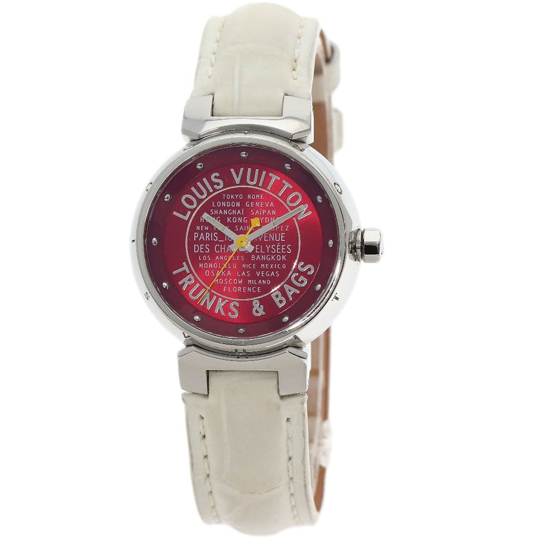 Louis Vuitton Stainless Steel Leather Watches Q121N Trunks Bags Tambour: Louis Vuitton Stainless Steel Leather Watches Q121N Trunks Bags Tambour Stainless steel and silver accents come together in this sleek Louis Vuitton watch, featuring a 28mm case and quartz movement