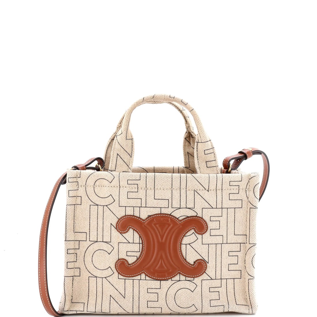 Cabas Thais Celine Triomphe Tote Small Canvas Printed: Cabas Thais Celine Triomphe Tote Small Canvas Printed Small Cabas Thais Celine Triomphe Tote in Neutral Canvas. This small tote features a printed design on a neutral canvas exterior, with a classic