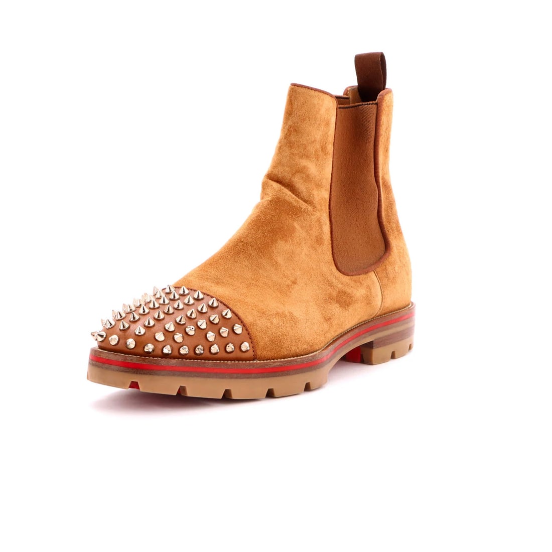 Men's Christian Louboutin Chelsea Boots Leather Melon: Men's Christian Louboutin Chelsea Boots Leather Melon Brown Leather Men's Christian Louboutin Chelsea Boots with Gold Tone Hardware, featuring a classic Melon design and suede exterior, now available