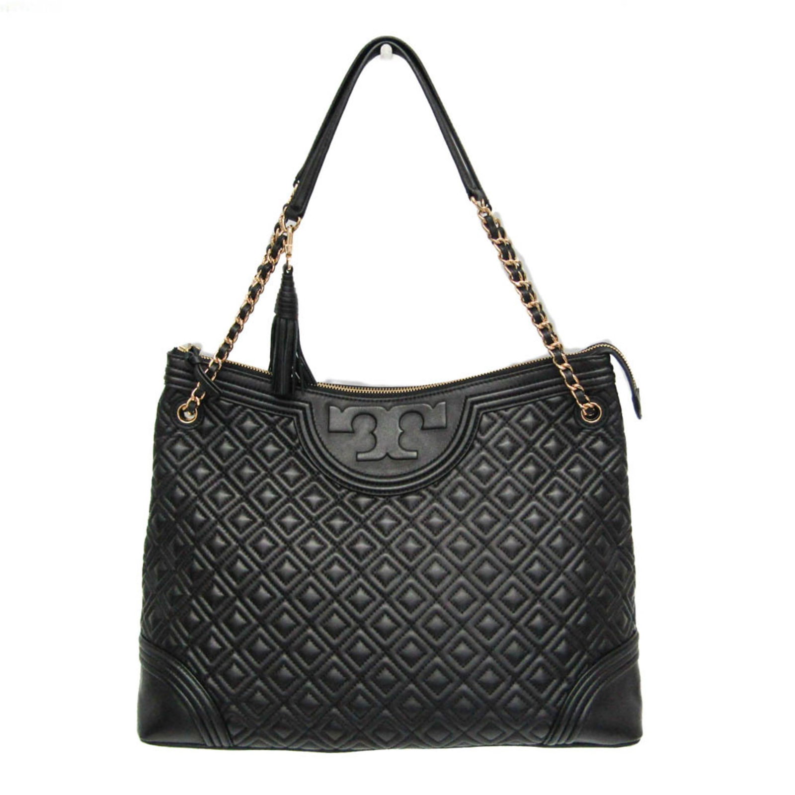 Bag Leather Tote Tory: Bag Leather Tote Tory Black leather tote bag with quilted chain shoulder strap, featuring a zipper closure, zipper pocket, and open pocket, all made from high-quality leather. The bag also includes a