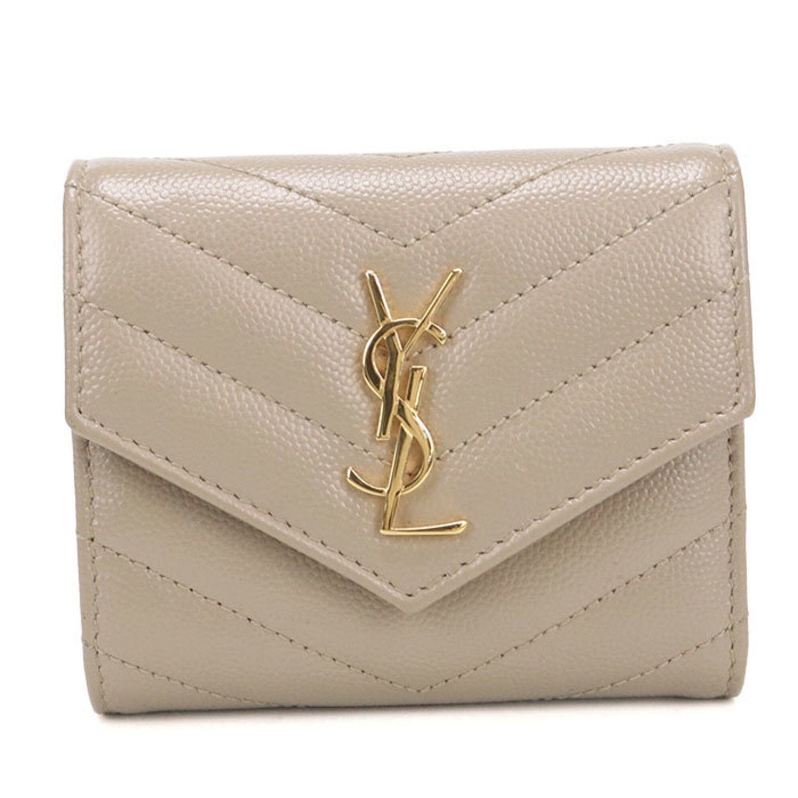 Saint Laurent Wallet (Tri-Fold) Leather: Saint Laurent Wallet (Tri-Fold) Leather The Saint Laurent tri-fold leather wallet is a classic design made from high-quality leather, featuring a timeless beige color that adds a touch of