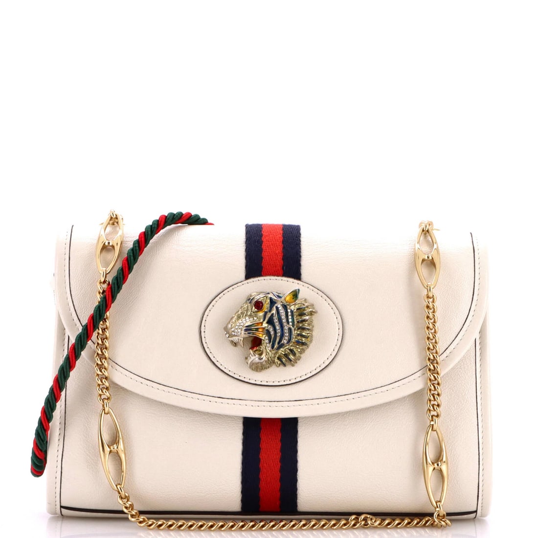 Chain Leather Bag Rajah Small Shoulder Web Gucci: Chain Leather Bag Rajah Small Shoulder Web Gucci White leather Gucci Rajah Small Shoulder Web Chain Bag with a classic cross body design, featuring a neutral interior and gold hardware. The bag