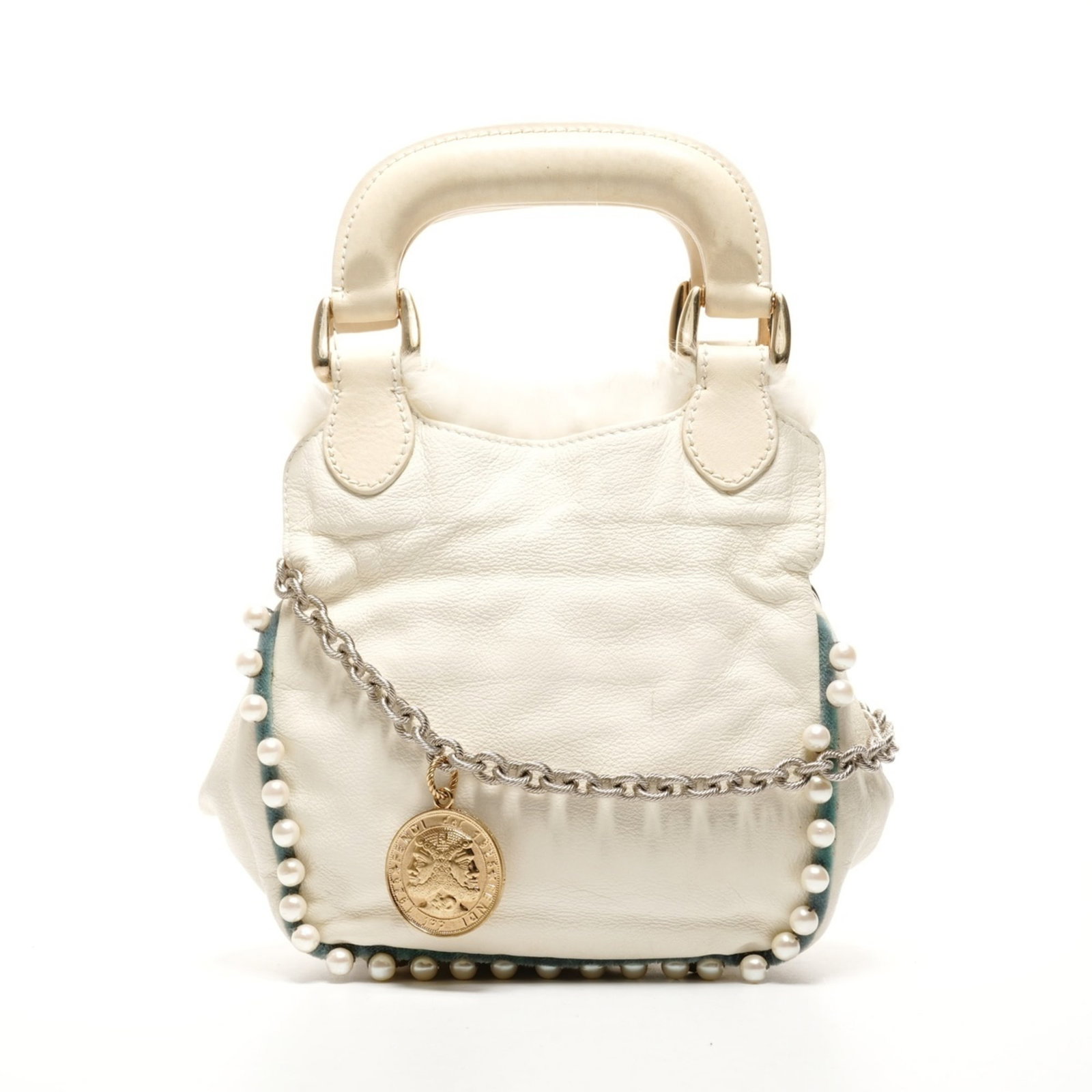 Fur Leather Shoulder Bag Fendi: Fur Leather Shoulder Bag Fendi Fur Leather Shoulder Bag Fendi is a luxurious white shoulder bag featuring fur and leather materials. Its compact size, with dimensions of 15.5cm x 16cm x 6.5cm, makes