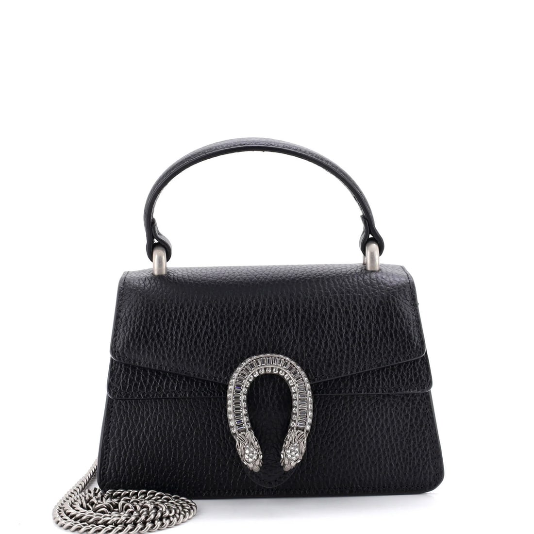 Gucci Dionysus Mini Leather Bag Top with Crystals: Gucci Dionysus Mini Leather Bag Top with Crystals Crystal-embellished leather top handle bag from Gucci's Dionysus collection, featuring a sleek mini design with a neutral interior and aged silver