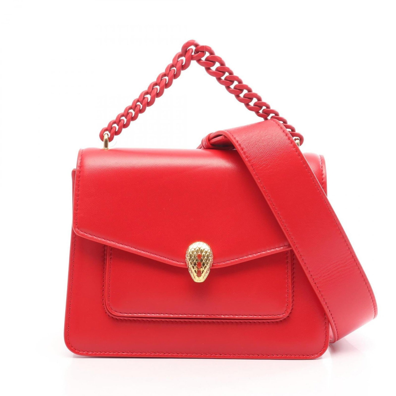 Handbag Leather Bvlgari: Handbag Leather Bvlgari Red leather Bvlgari handbag with a distinctive 14.5cm x 20cm size. The bag's bold red color and leather material make it a striking accessory. Item Specifics: Brand: Bvlgari