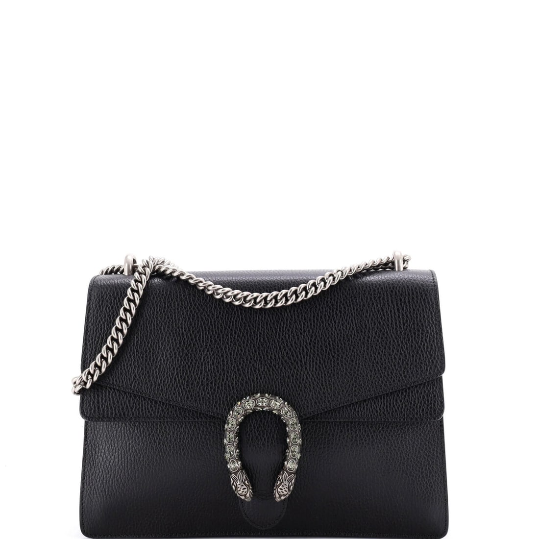 Medium leather Dionysus bag Gucci: Medium leather Dionysus bag Gucci Medium leather Dionysus bag Gucci in black exterior with crystal accents, featuring a shoulder strap with a 14" drop and interior with neutral fabric. The bag