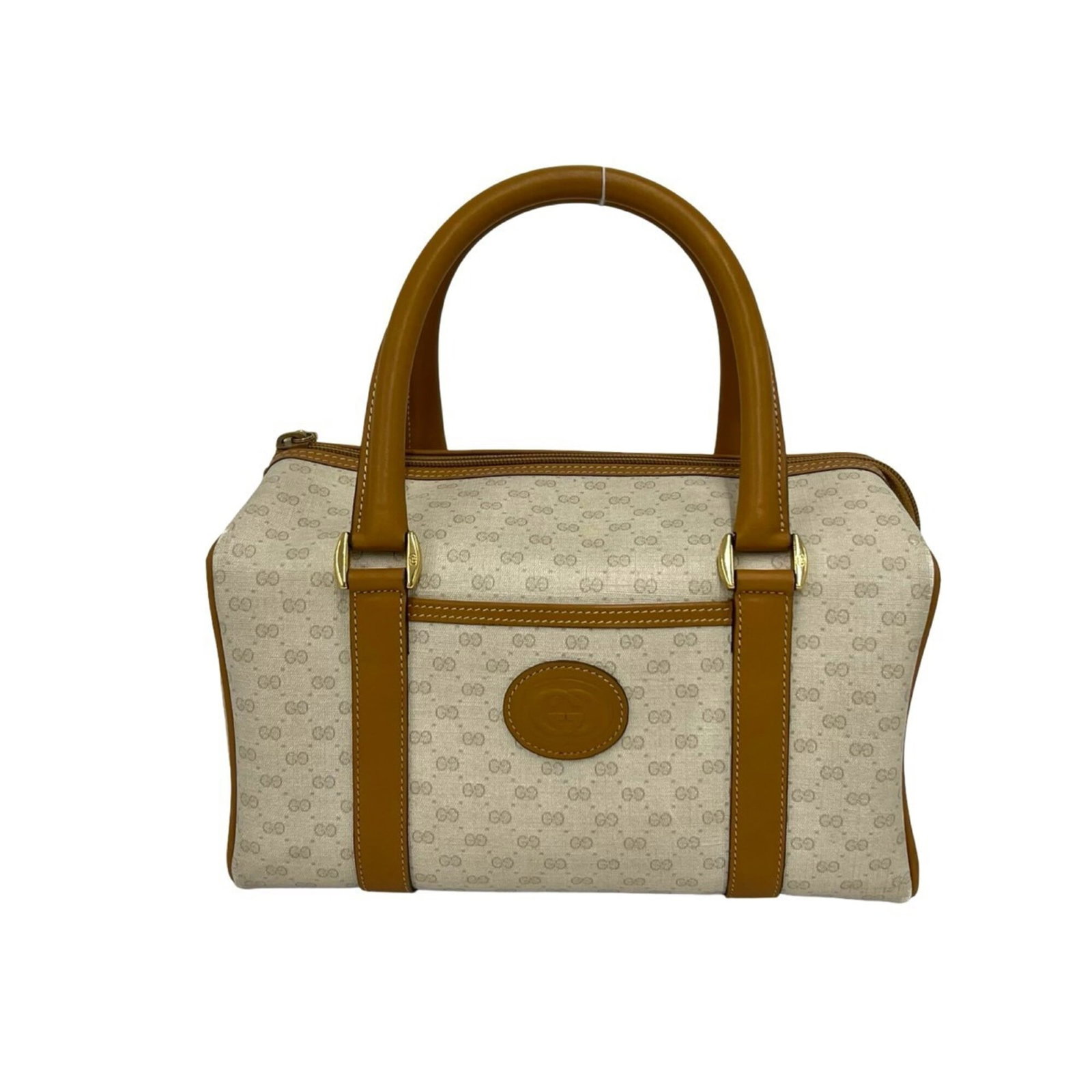 Boston Bag Handbag Pvc Leather: Boston Bag Handbag Pvc Leather Boston Bag Handbag in Brown and Ivory PVC Leather. This Gucci-style bag features a unique combination of PVC and leather materials, with a distinctive brown and ivory co