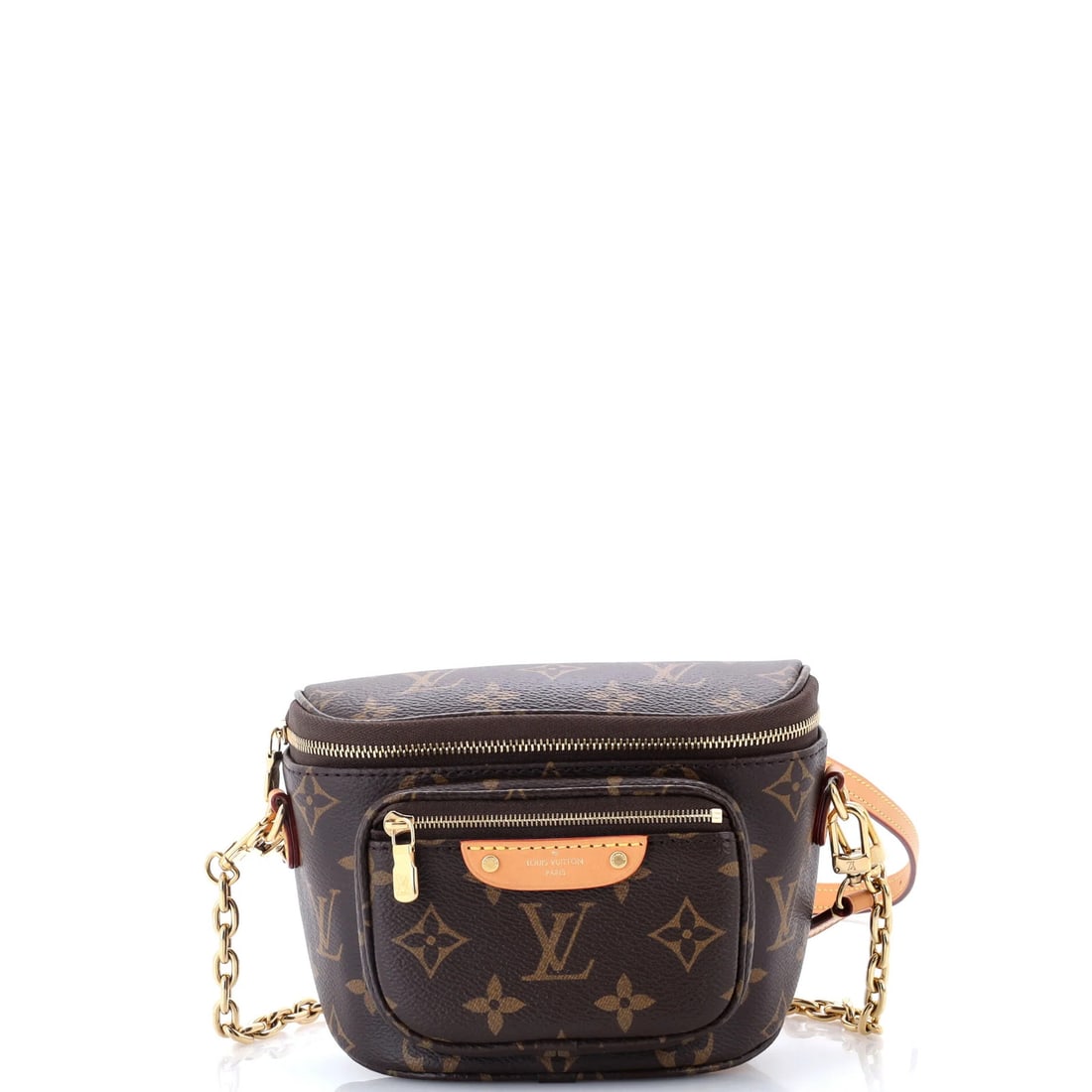 Mini Canvas Monogram Bum Bag Louis Vuitton: Mini Canvas Monogram Bum Bag Louis Vuitton Brown Mini Canvas Monogram Bum Bag with Gold Hardware, featuring a classic Louis Vuitton design and a canvas-coated exterior. The bag measures 6" x 6" x 5"