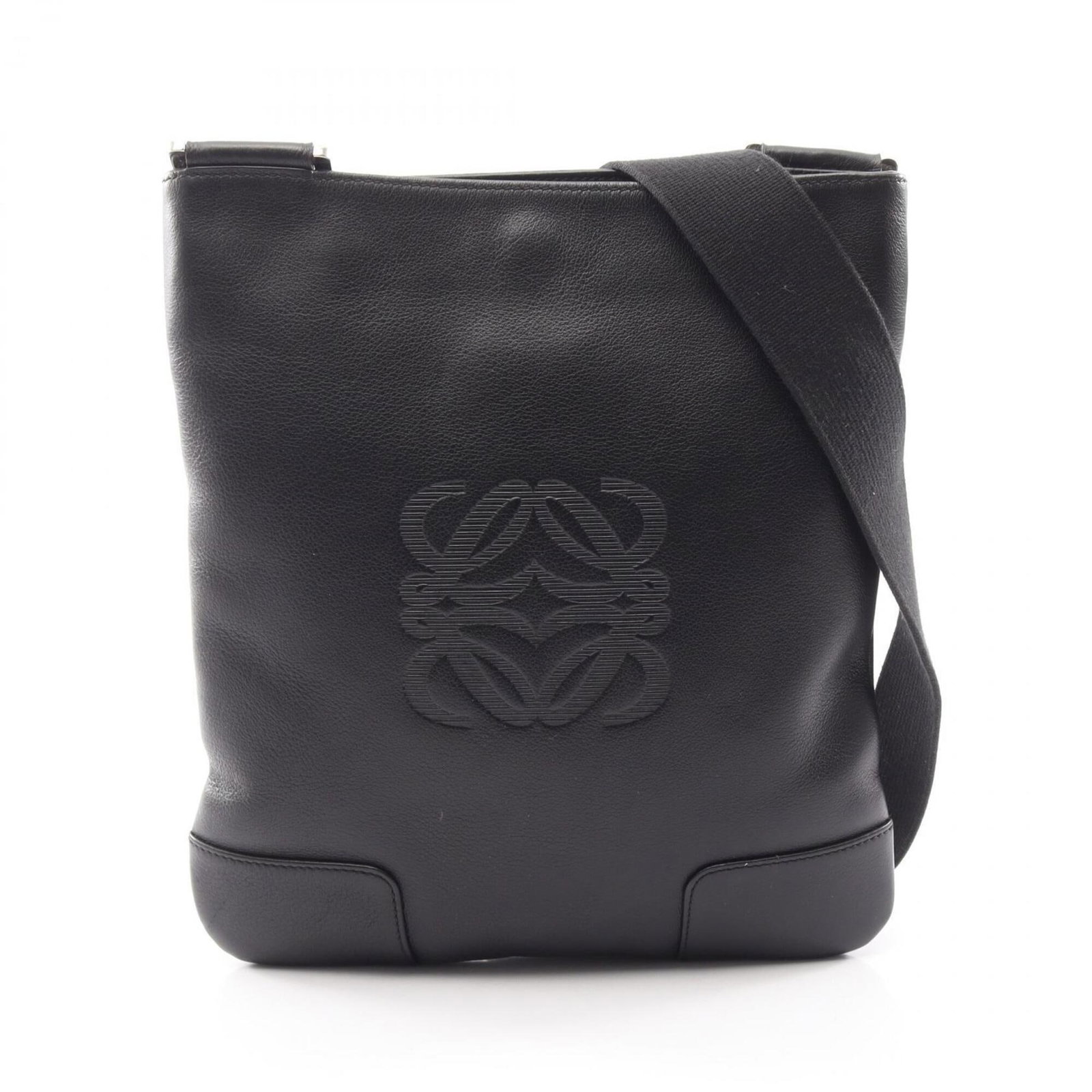 Shoulder Bag Leather: Shoulder Bag Leather Black leather shoulder bag from Loewe, measuring 27cm x 24.5cm x 1cm. This bag features high-quality leather construction and a sleek design. The signature on the bag bears a nota