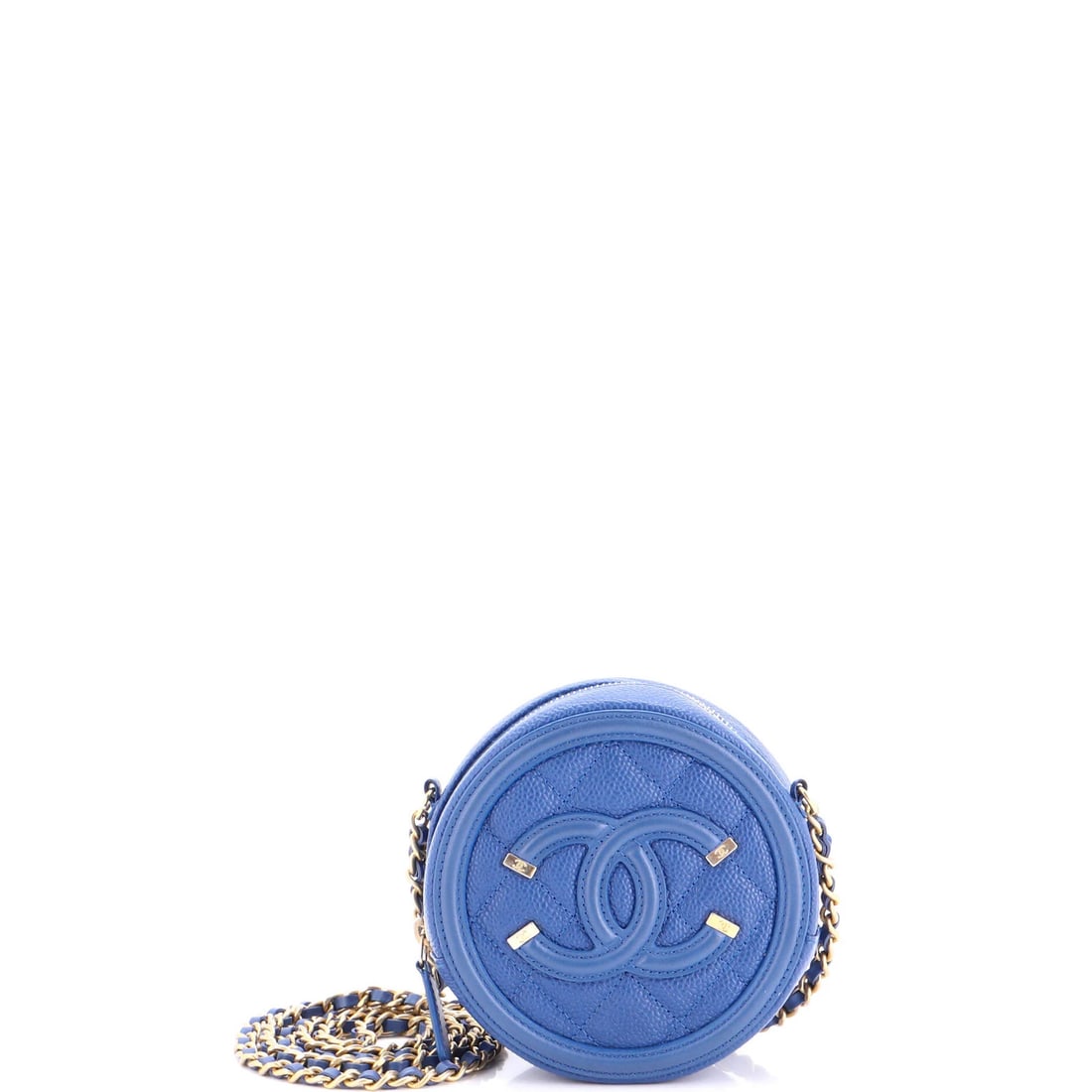 Mini Clutch Round Caviar Quilted Chain Filigree Chanel: Mini Clutch Round Caviar Quilted Chain Filigree Chanel Mini Clutch Round Caviar Quilted Chain Filigree Chanel features a blue leather exterior with gold hardware, a quilted design, and a chain detail.