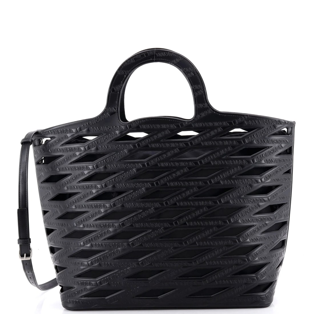 Cutout Embossed Leather Bag Large Basket Balenciaga: Cutout Embossed Leather Bag Large Basket Balenciaga Cutout Embossed Leather Balenciaga Neo Basket Bag in Black. This large tote features a striking cutout embossed leather exterior, with a spacious