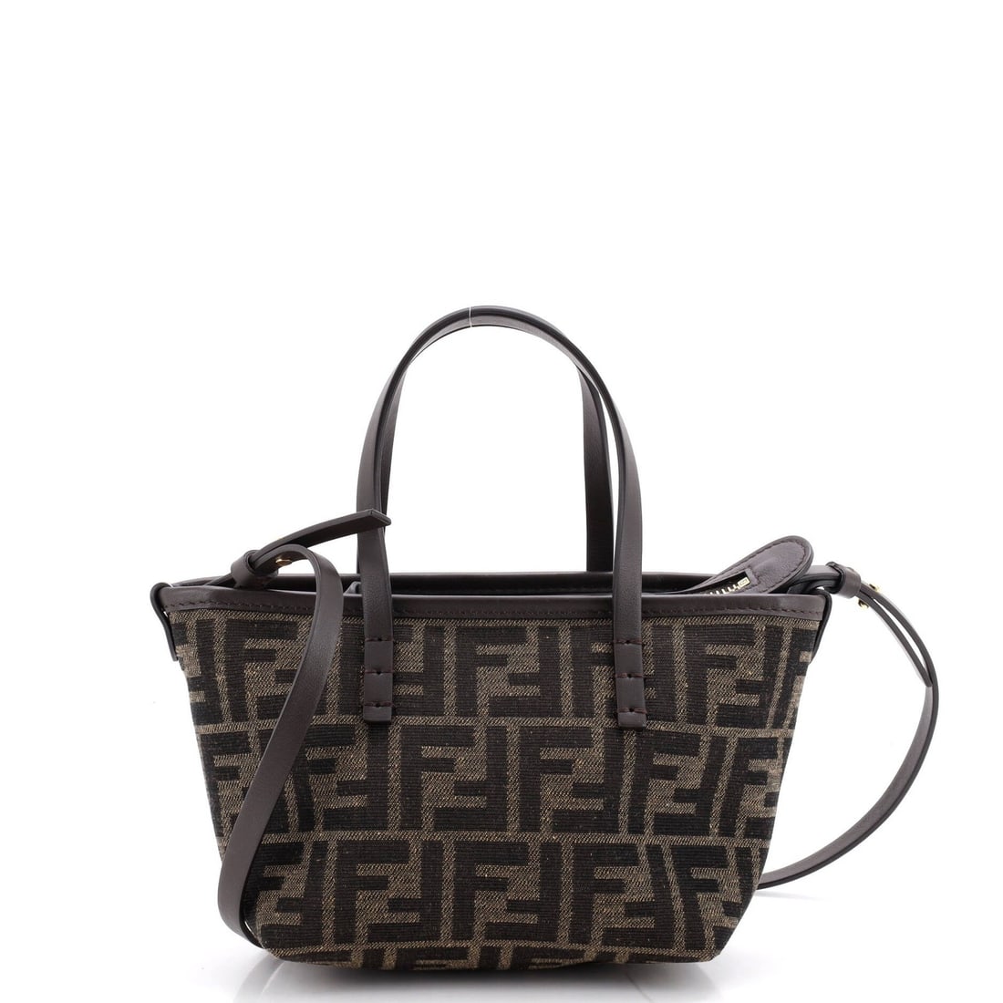 Mini Leather Fendi Fabric Roll Tote: Mini Leather Fendi Fabric Roll Tote Mini Leather Fendi Fabric Roll Tote in Brown. This mini roll tote features a unique combination of Fendi fabric and leather, with a gold hardware accent. With its