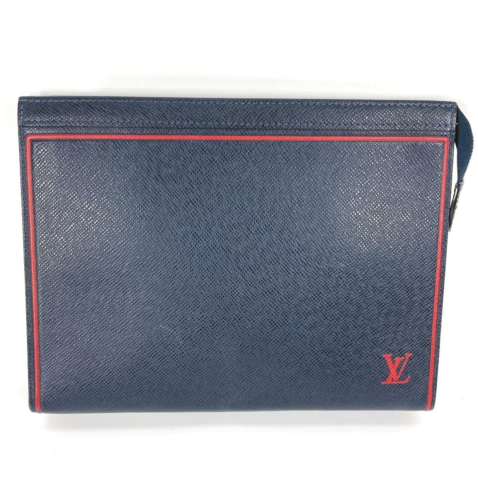 Vuitton Pochette Taiga Leather Pouch: Vuitton Pochette Taiga Leather Pouch The Vuitton Pochette Taiga Leather Pouch boasts a striking bicolor design with navy and navy blue accents, complemented by a bold red hue. Made from high-quality T