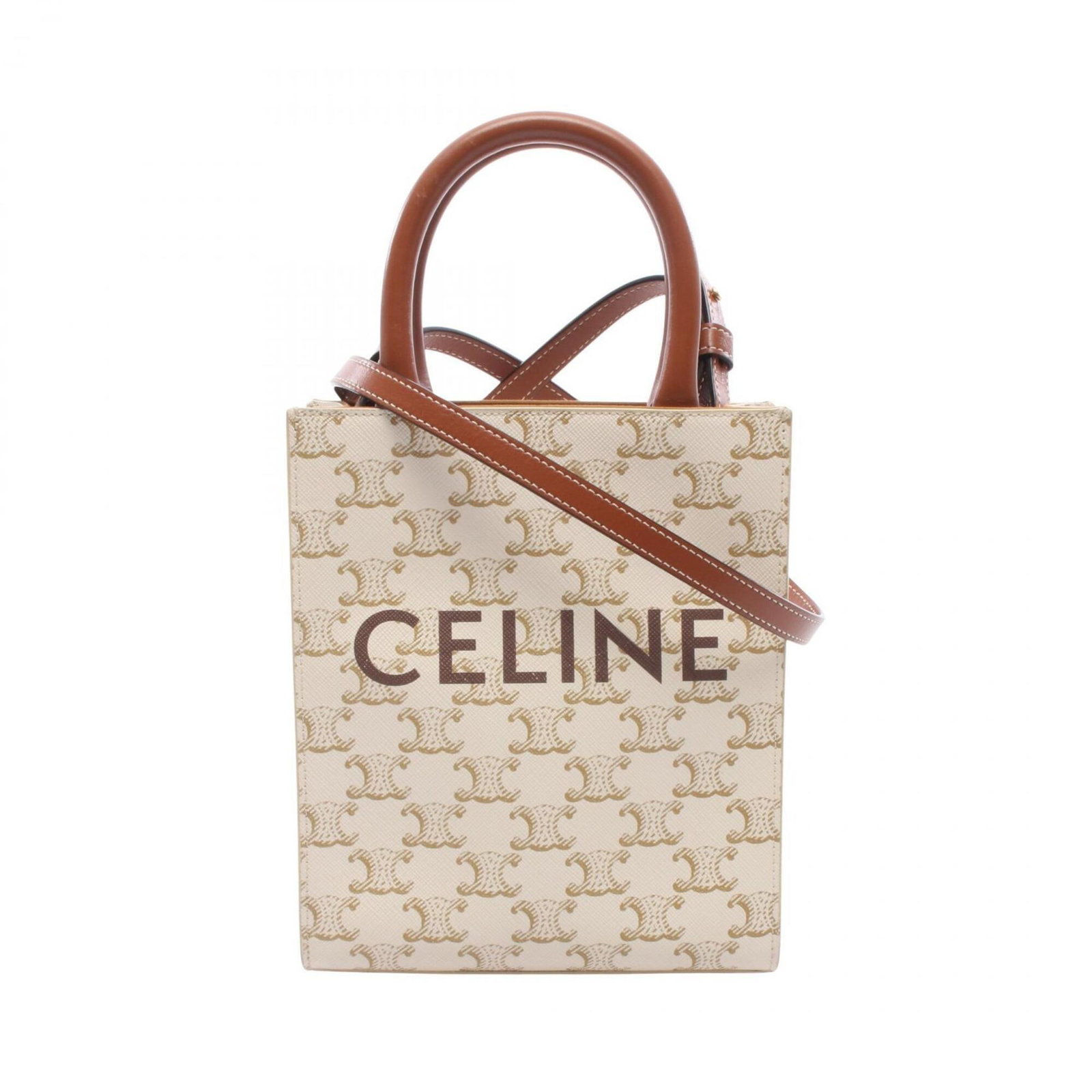 Canvas Leather Coated Handbag: Canvas Leather Coated Handbag Canvas Leather Coated Handbag. This Celine handbag features a unique combination of coated canvas and leather, with a rich brown and ivory color scheme. Measuring 20cm x 