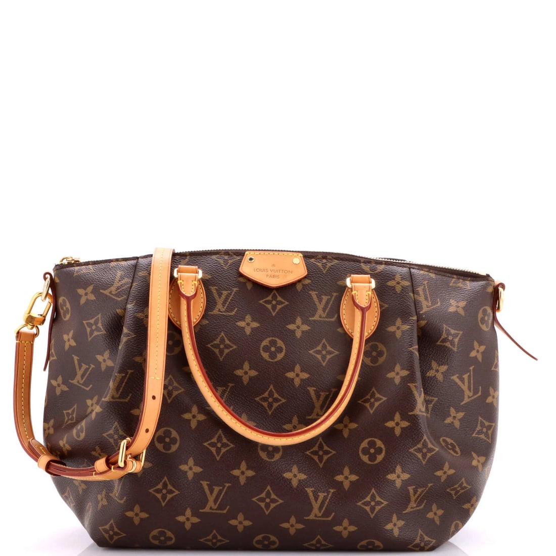 Handbag Monogram Canvas MM Louis Vuitton Turenne: Handbag Monogram Canvas MM Louis Vuitton Turenne Canvas Monogram Canvas MM Louis Vuitton Turenne handbag in brown exterior with burgundy interior, featuring gold hardware and minor scuffs on exterior