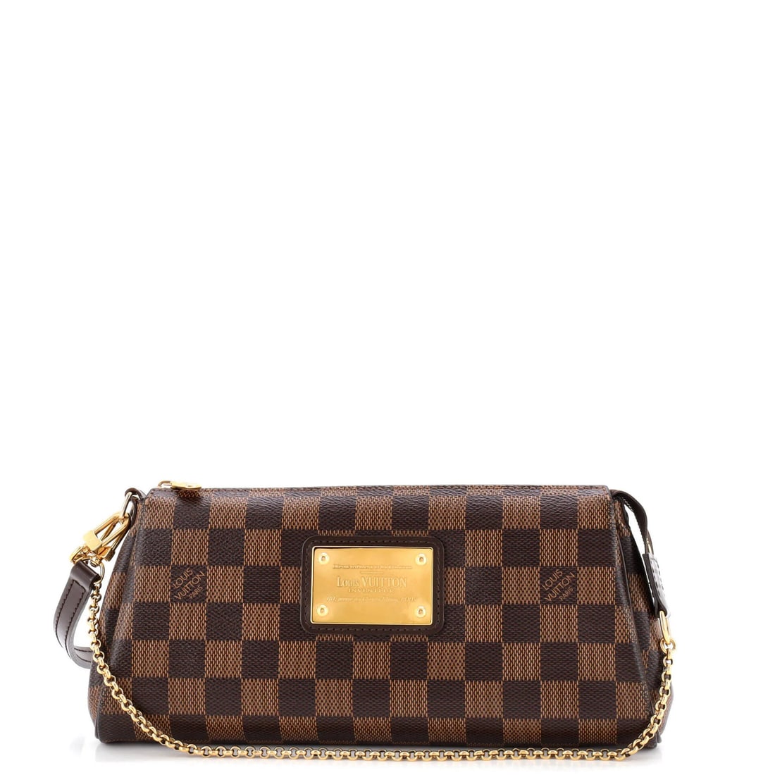 Damier Eva Handbag Louis Vuitton: Damier Eva Handbag Louis Vuitton Brown Damier Eva Handbag with Gold Hardware, featuring a canvas-coated exterior and red interior, measures 5" in height, 10" in width, and 1.5" in depth, with a 8"