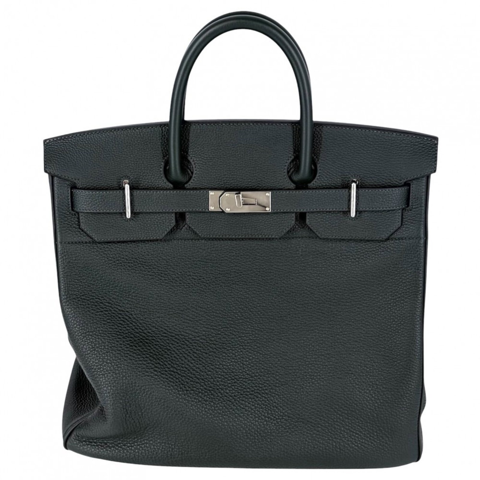 Handbag Leather Hermes: Handbag Leather Hermes Dark green leather handbag from Hermes, measuring 37cm x 40cm x 24cm. This classic design showcases the brand's signature craftsmanship and attention to detail. The bag's rich,