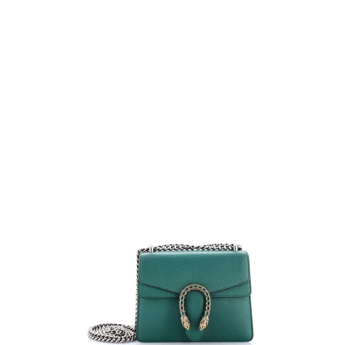 Dionysus Bag Leather Mini Gucci: Dionysus Bag Leather Mini Gucci The Dionysus Bag Leather Mini Gucci features a striking green exterior with crystal accents, showcasing Gucci's signature style. Measuring 13" in handle drop and 6" in 