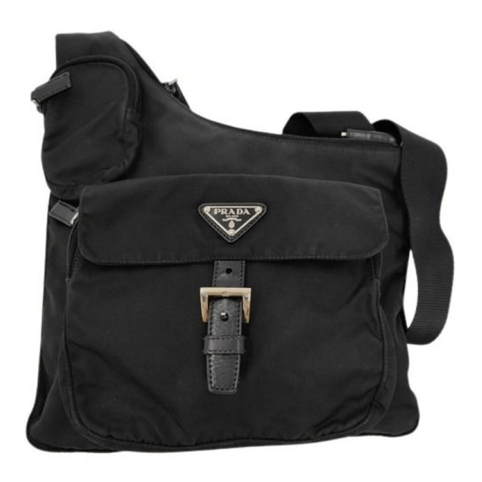 Shoulder Bag Nylon: Shoulder Bag Nylon Black nylon shoulder bag from Prada, featuring a classic design with a zipper closure. Made from durable nylon, this bag measures 32cm x 27cm x 12.59'' x 10.62''. Item Specifics: Br