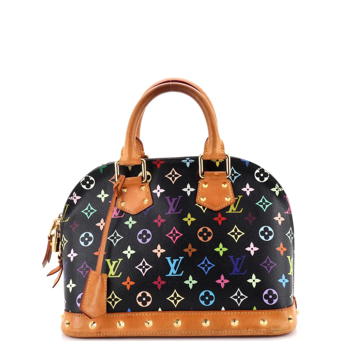 Louis Vuitton Alma Monogram Multicolor Handbag: Louis Vuitton Alma Monogram Multicolor Handbag Black Louis Vuitton Alma Monogram Multicolor PM Handbag with heavy scuffs and edge wear, featuring a canvas coated exterior and microfiber interior,