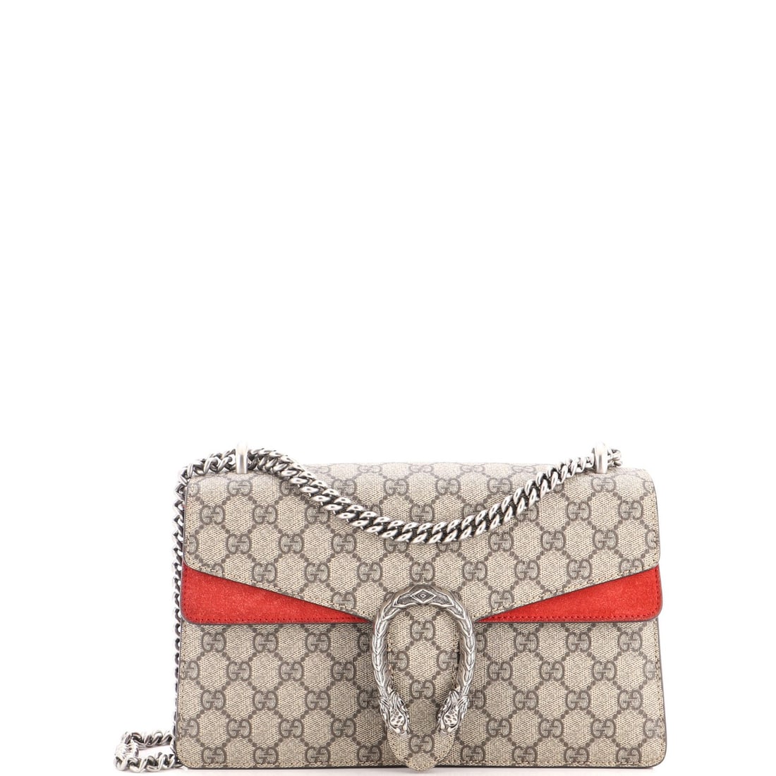 Small coated canvas bag GG Gucci Dionysus: Small coated canvas bag GG Gucci Dionysus Small GG Gucci Dionysus bag in coated canvas with a bold red exterior and matching suede interior, featuring aged silver hardware. Minor scuffs and creases ar