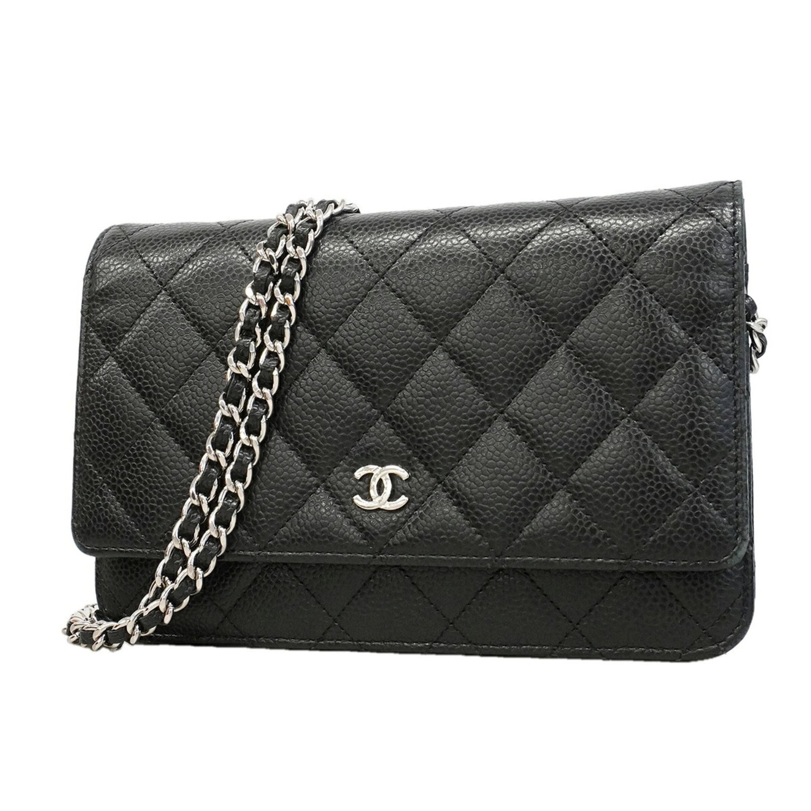 Chanel Chain/ Shoulder Wallet Grained Calfskin: Chanel Chain/ Shoulder Wallet Grained Calfskin Chain/Shoulder wallet made from high-quality grained calfskin, available in black. Measuring 13cm x 19.5cm x 2.5cm, this sleek design features a classic