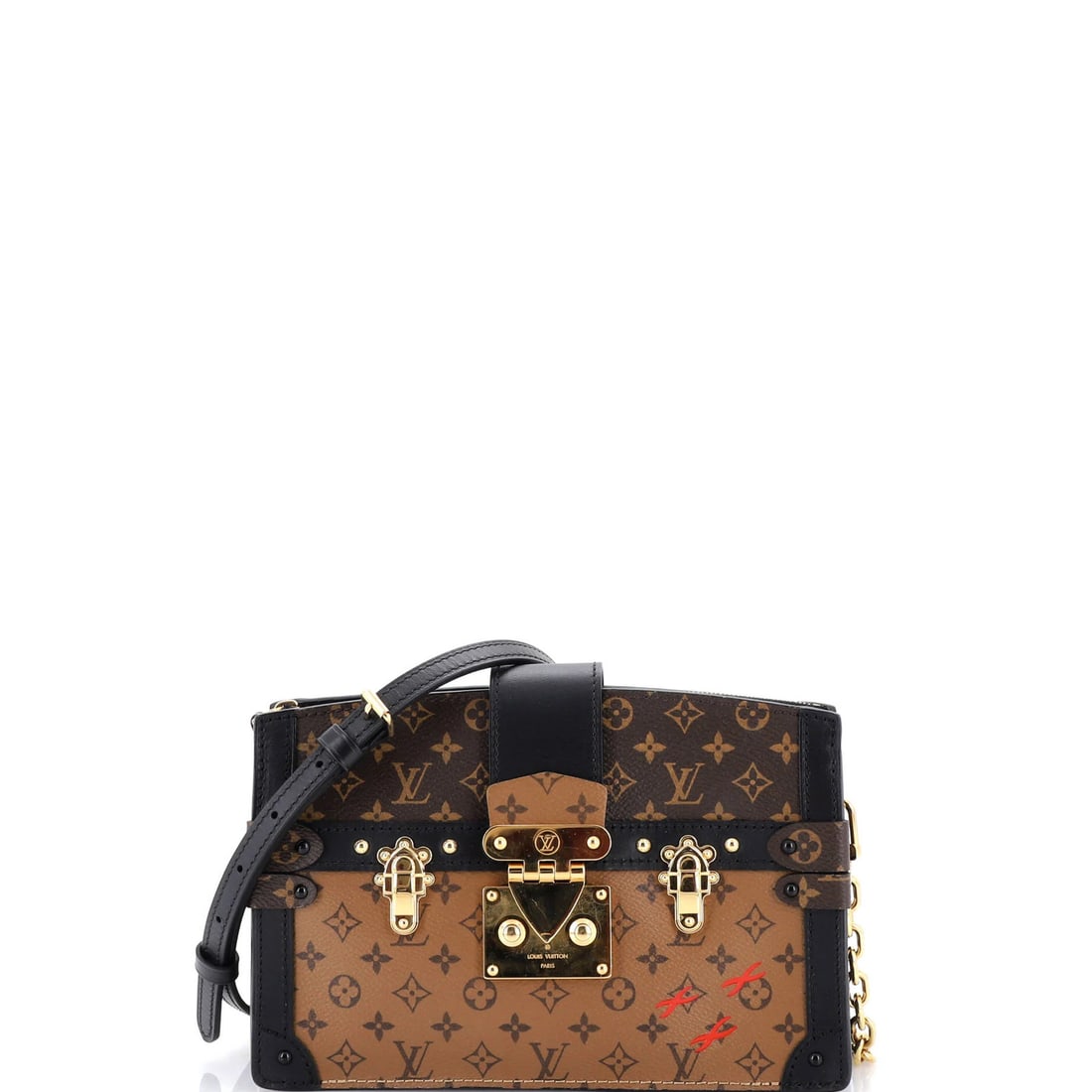 Monogram Reverse Canvas Clutch Trunk Louis Vuitton: Monogram Reverse Canvas Clutch Trunk Louis Vuitton This Louis Vuitton Monogram Reverse Canvas Clutch Trunk is a unique and stylish accessory. Measuring 6" tall, 8" wide, and 3" deep, it features a