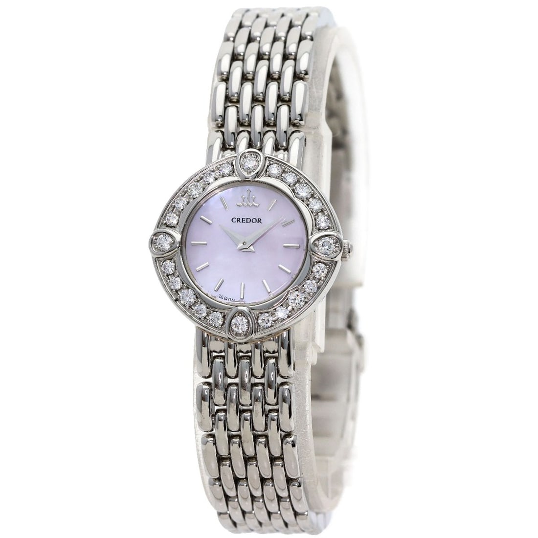 Diamond Watches Bezel Signo Credor Seiko Stainless 1E70-0Cy0: Diamond Watches Bezel Signo Credor Seiko Stainless 1E70-0Cy0 Silver stainless steel bezel surrounds a pink shell dial, adding a touch of elegance to this Seiko watch. With a quartz movement and