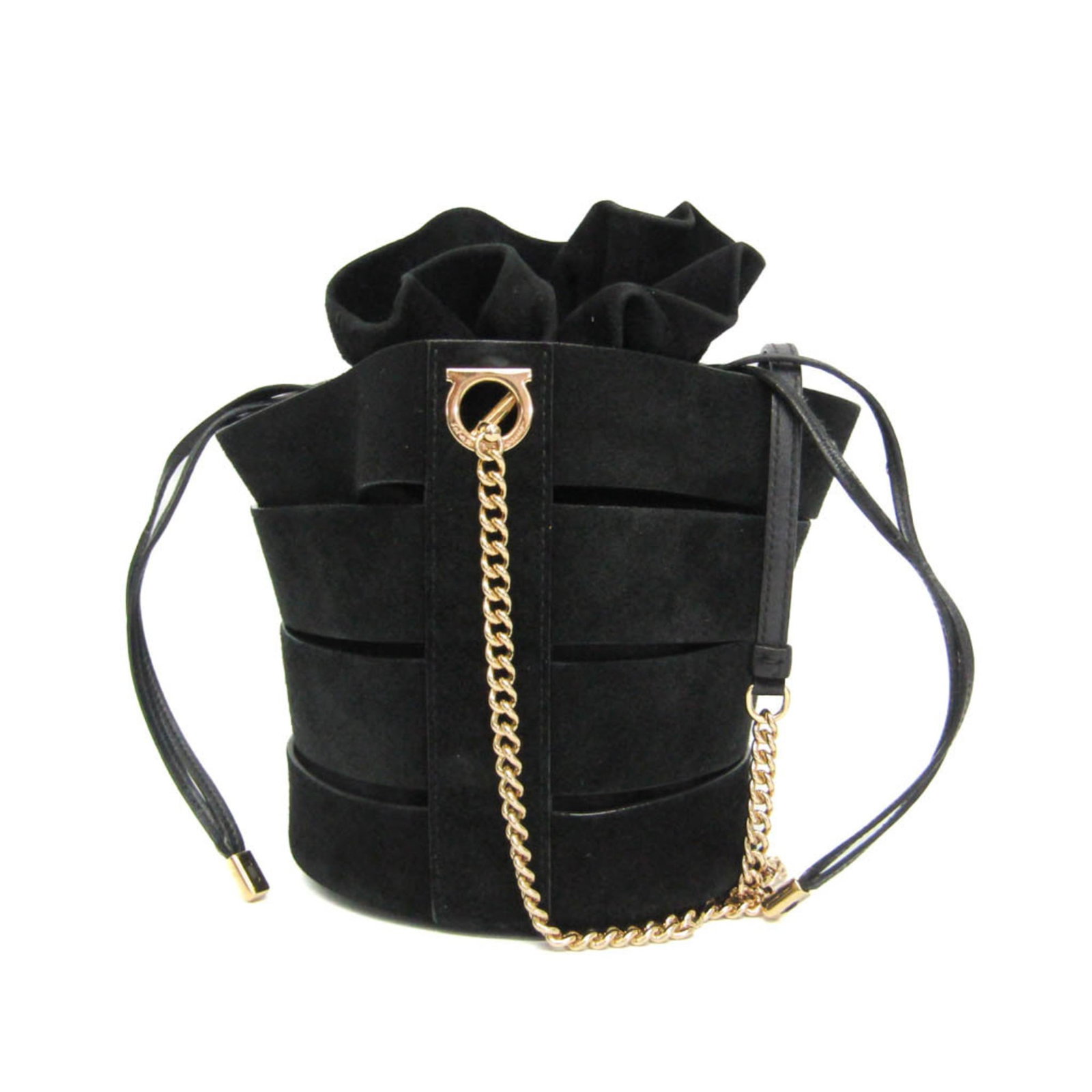 Ferragamo Leather Shoulder Bag: Ferragamo Leather Shoulder Bag Black Suede Leather Shoulder Bag with Gold Hardware, Perfect for Everyday Carry. This sleek and stylish bag features a drawstring closure and measures 15cm x 13.5cm x