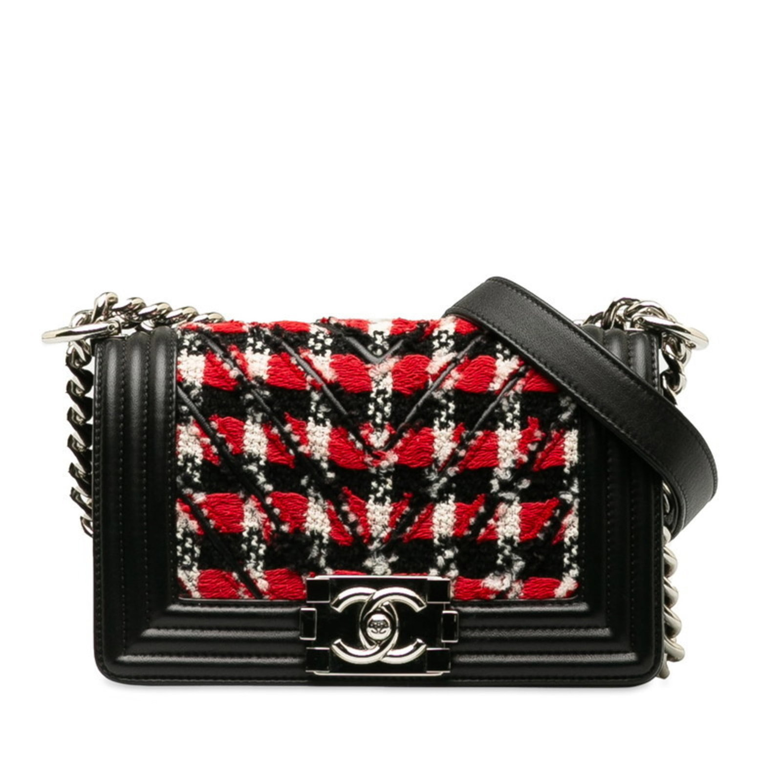 Tweed Leather Chanel Bag Shoulder: Tweed Leather Chanel Bag Shoulder Tweed Leather Chanel Bag Shoulder - A stylish and unique shoulder bag made from a combination of tweed and leather, featuring a black and red color scheme. Measuring