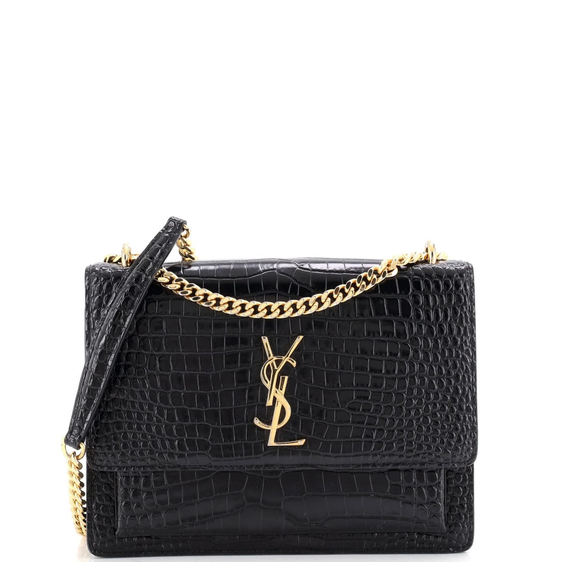 Laurent Saint Crocodile Embossed Leather Medium Crossbody Bag: Laurent Saint Crocodile Embossed Leather Medium Crossbody Bag The Saint Laurent Sunset Crossbody Bag in black crocodile embossed leather is a stylish and sophisticated accessory. Measuring 6" tall and