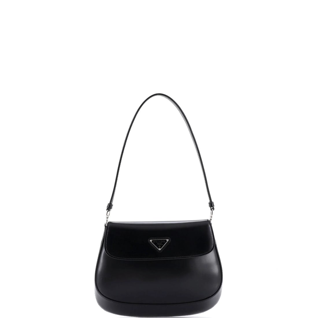 Spazzolato leather Cleo flap bag small shoulder Prada: Spazzolato leather Cleo flap bag small shoulder Prada Small Spazzolato leather Cleo flap shoulder bag from Prada, with a black exterior and silver hardware. The bag features a classic hobos style and