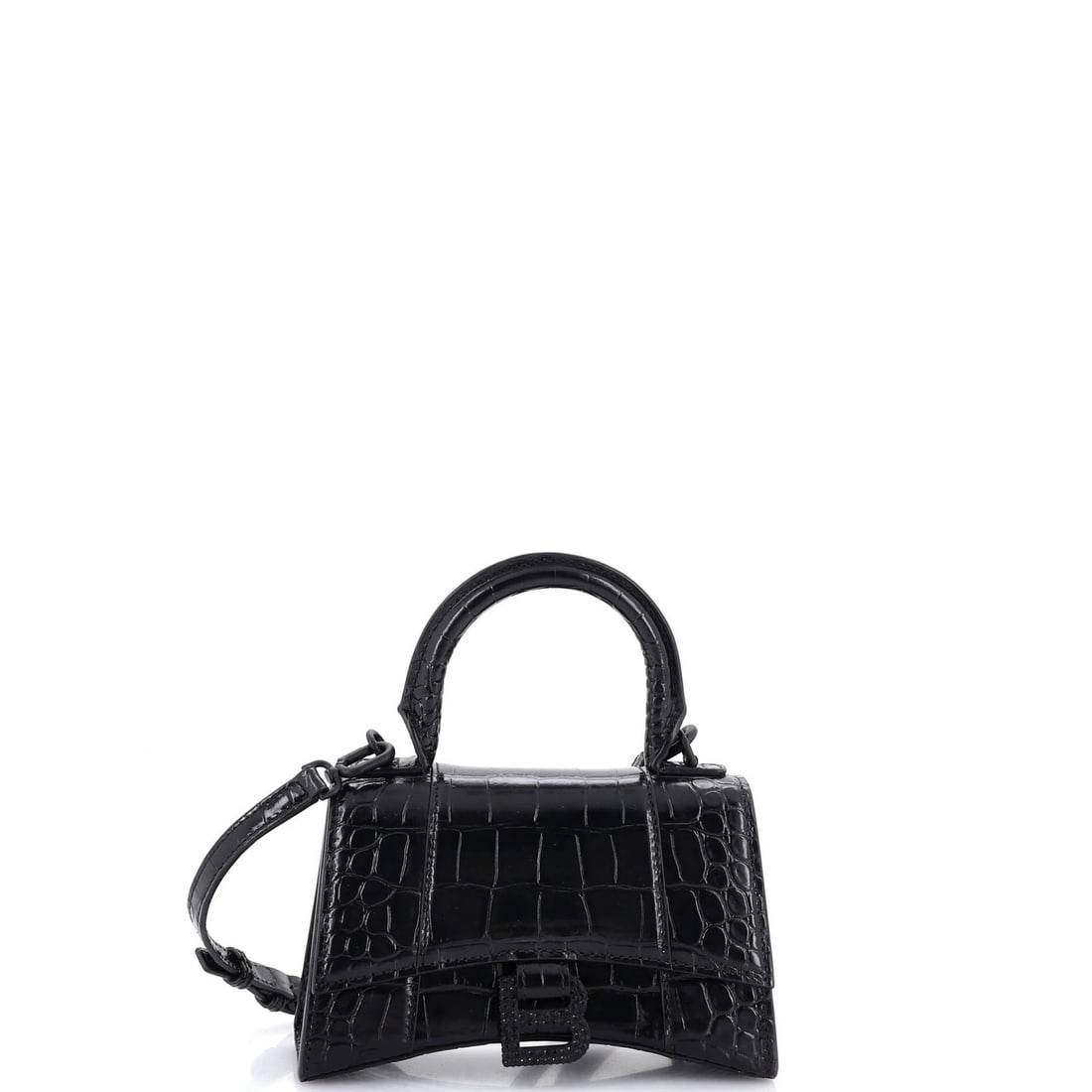 XS Crocodile Embossed Leather Top Handle Bag Hourglass Balenciaga: XS Crocodile Embossed Leather Top Handle Bag Hourglass Balenciaga Black Crocodile Embossed Leather XS Balenciaga Hourglass Top Handle Bag, featuring scuffs, edge wear, and minor creases on the