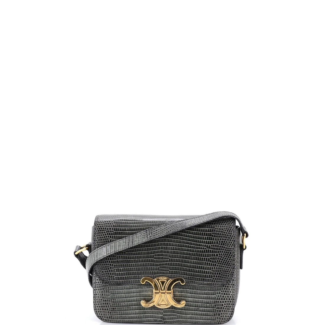 Shoulder Bag Lizard Teen Celine Triomphe: Shoulder Bag Lizard Teen Celine Triomphe The Celine Triomphe Shoulder Bag in Lizard skin is a unique and eye-catching accessory. With its green exterior and gray leather interior, this cross-body bag
