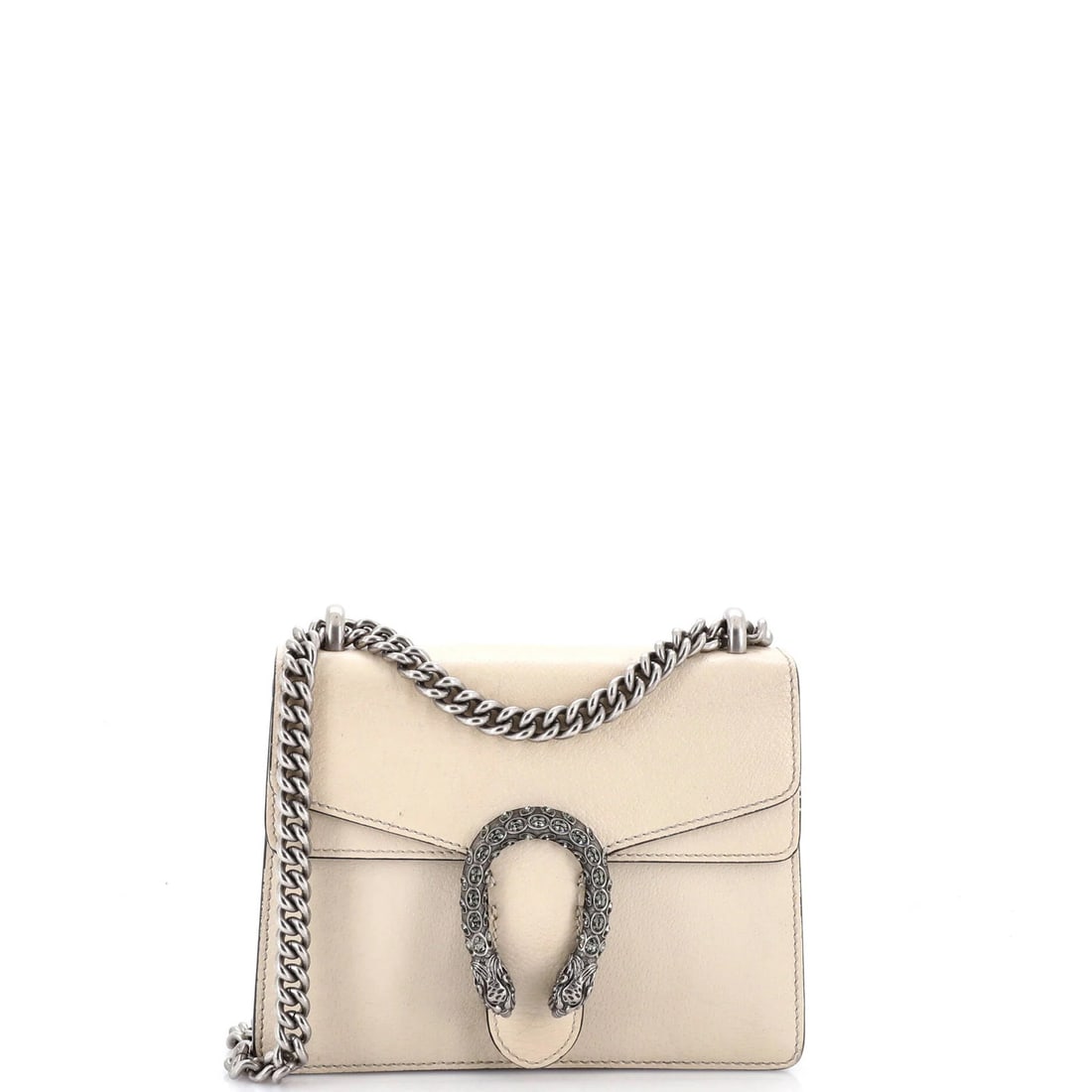 Dionysus Bag Leather Mini Gucci: Dionysus Bag Leather Mini Gucci The Dionysus Bag Leather Mini Gucci is a stylish and compact cross-body bag with a neutral exterior and canvas interior. Featuring a silver-toned hardware and a