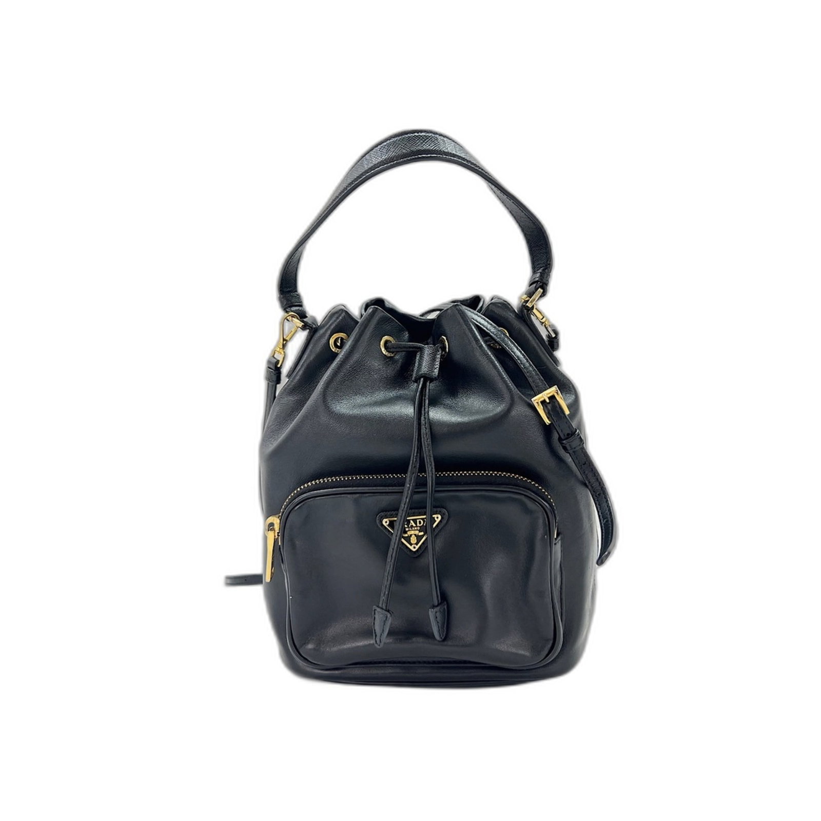 Shoulder Bag by Prada: Shoulder Bag by Prada Prada's sleek shoulder bag boasts a sophisticated black color and a versatile strap length of 124cm - 140cm, allowing for effortless adjustments to suit any style. Measuring 23cm