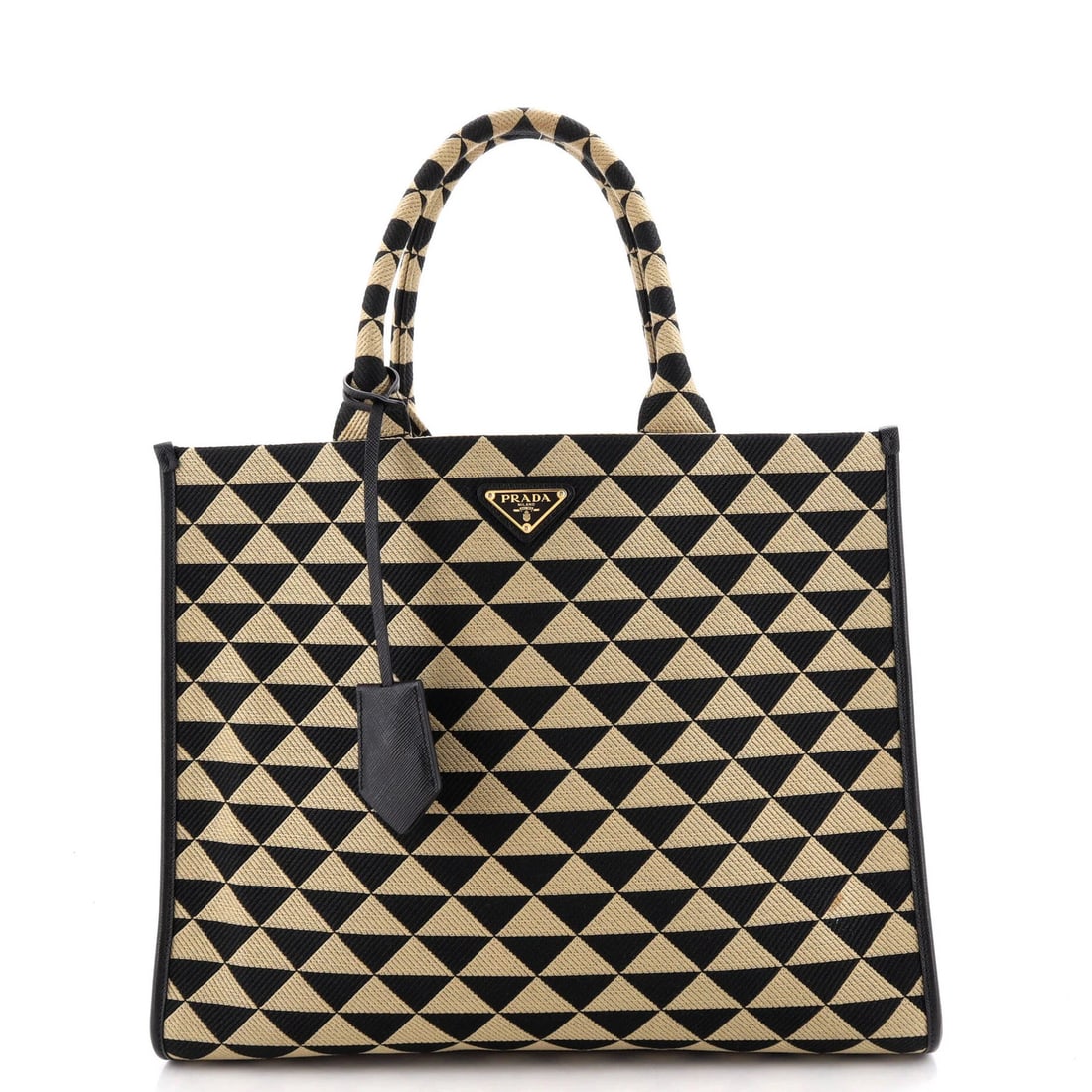 Tote Shopper Large Prada Symbole Jacquard: Tote Shopper Large Prada Symbole Jacquard Large Prada Symbole Jacquard Tote Shopper in Neutral Exterior. This Large Symbole Shopper Tote features a neutral exterior with a Jacquard design, measuring