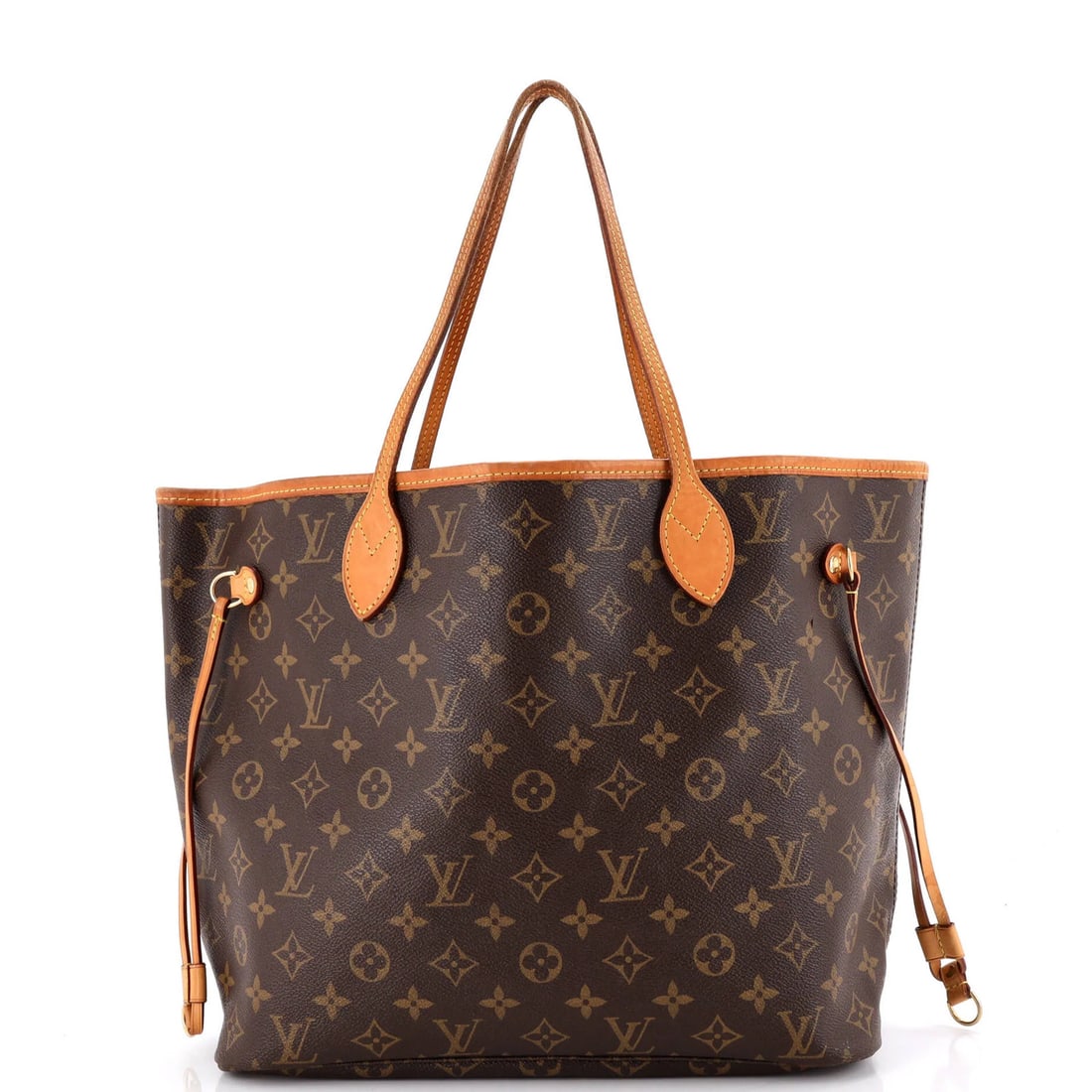 Louis Vuitton Neverfull Tote Monogram Canvas MM: Louis Vuitton Neverfull Tote Monogram Canvas MM Brown Louis Vuitton Neverfull Tote Monogram Canvas MM, with scuffs, creases, edge wear, corner wear, and discoloration on the exterior. Measuring 11"